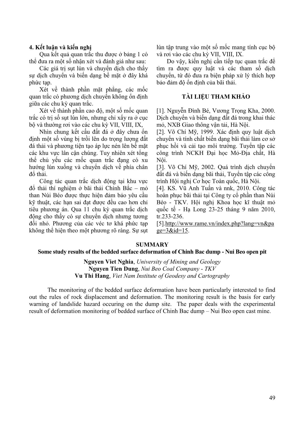 Một số kết quả nghiên cứu biến dạng bề mặt phân lớp trên bãi thải Chính Bắc – mỏ than núi Béo trang 5