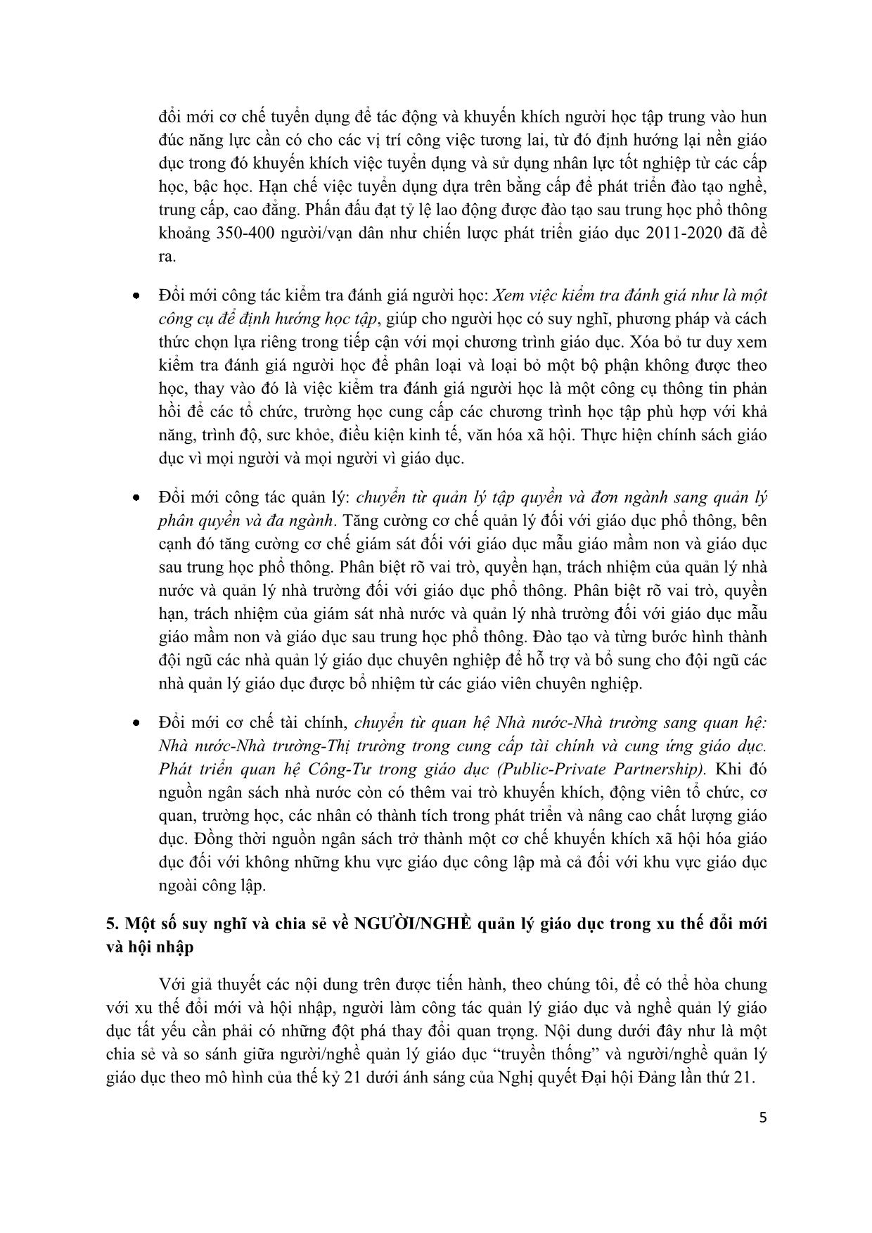 Một số suy nghĩ và chia sẻ về người/nghề quản lí giáo dục trong xu thế đổi mới và hội nhập trang 5
