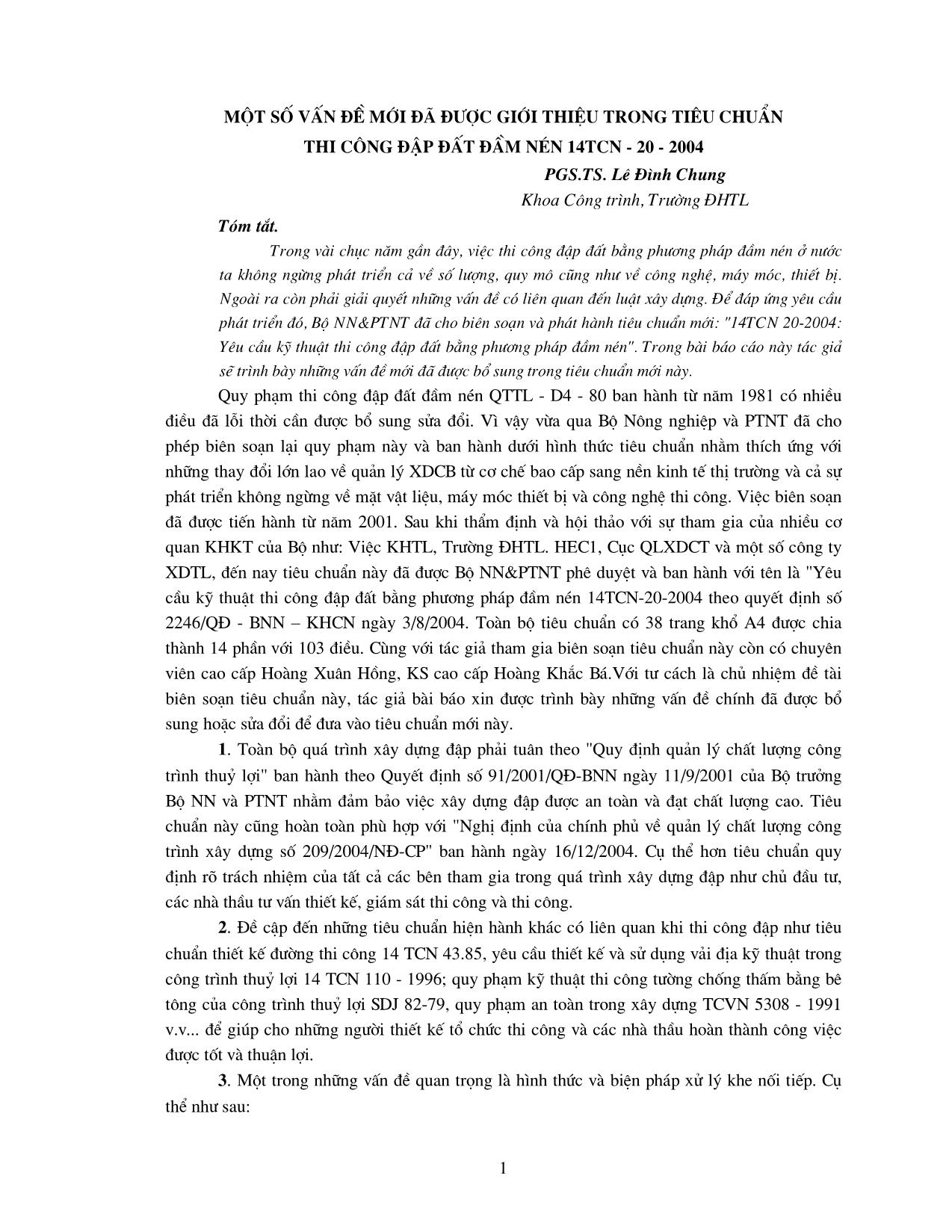 Một số vấn đề mới đã được giới thiệu trong tiêu chuẩn thi công đập đất đầm nén 14TCN - 20 - 2004 trang 1