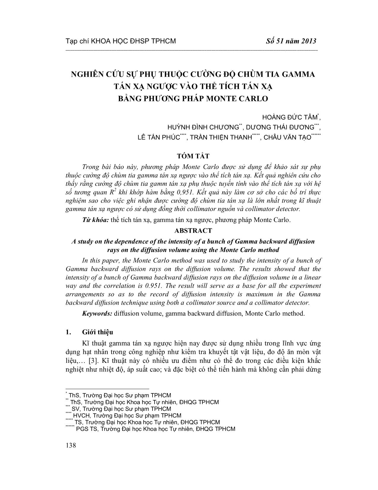 Nghiên cứu sự phụ thuộc cường độ chùm tia Gamma tán xạ ngược vào thể tích tán xạ bằng phương pháp Monte Carlo trang 1