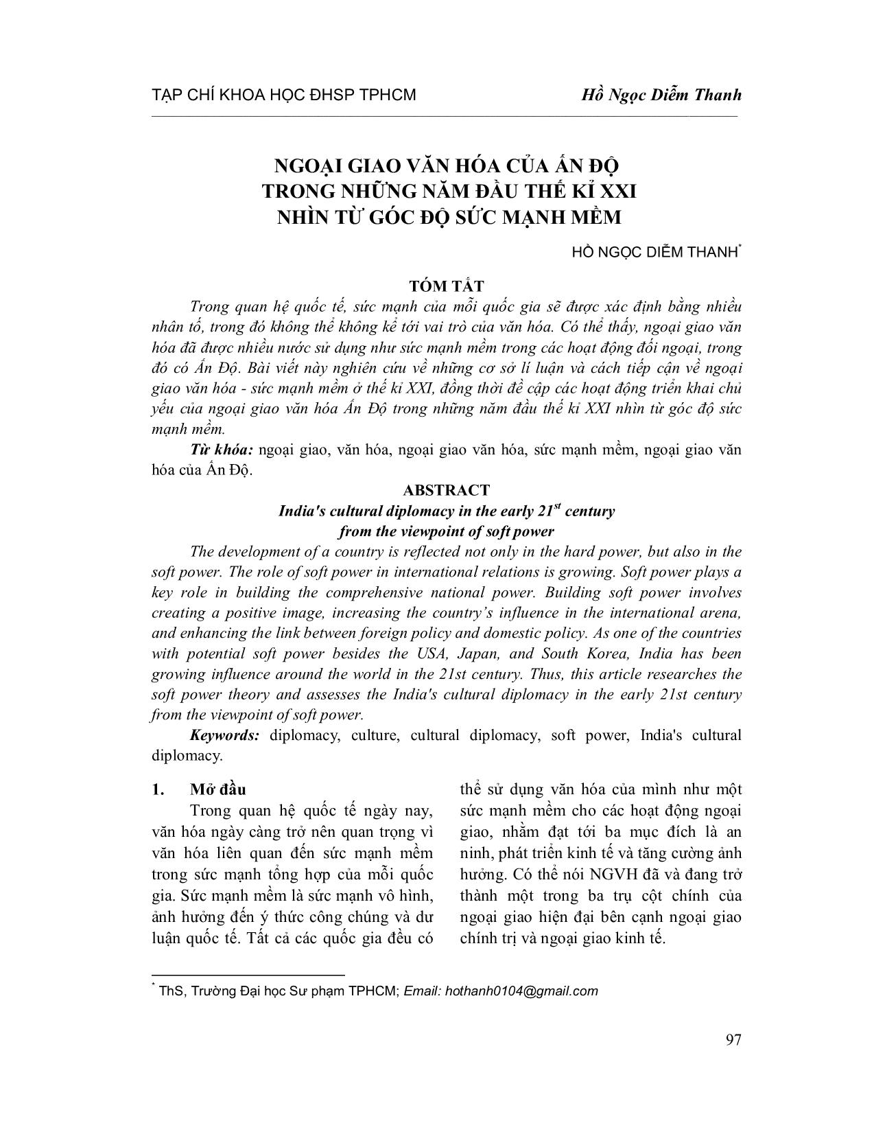 Ngoại giao văn hóa của Ấn Độ trong những năm đầu thế kỉ XXI nhìn từ góc độ sức mạnh mềm trang 1