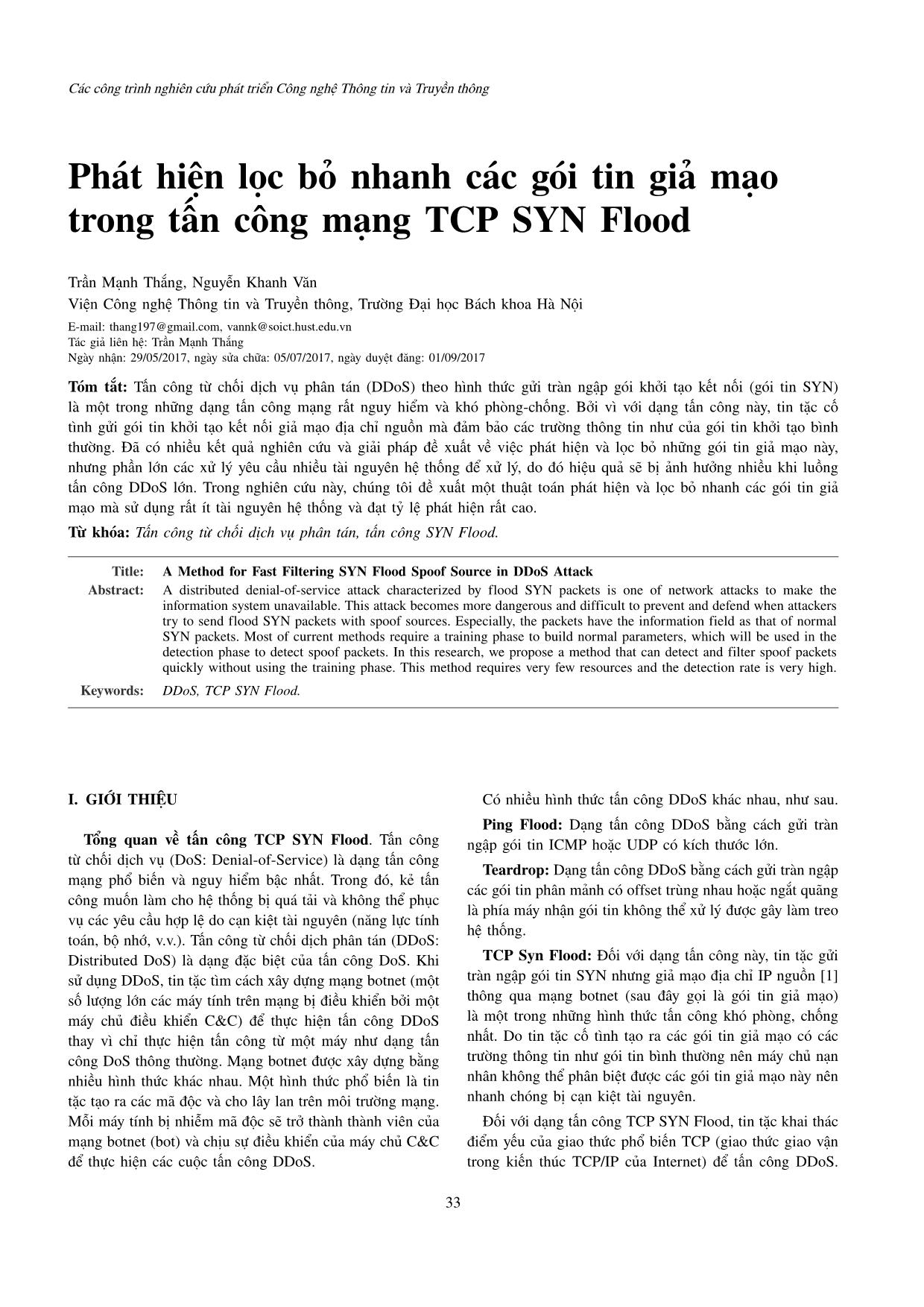 Phát hiện lọc bỏ nhanh các gói tin giả mạo trong tấn công mạng TCP SYN Flood trang 1