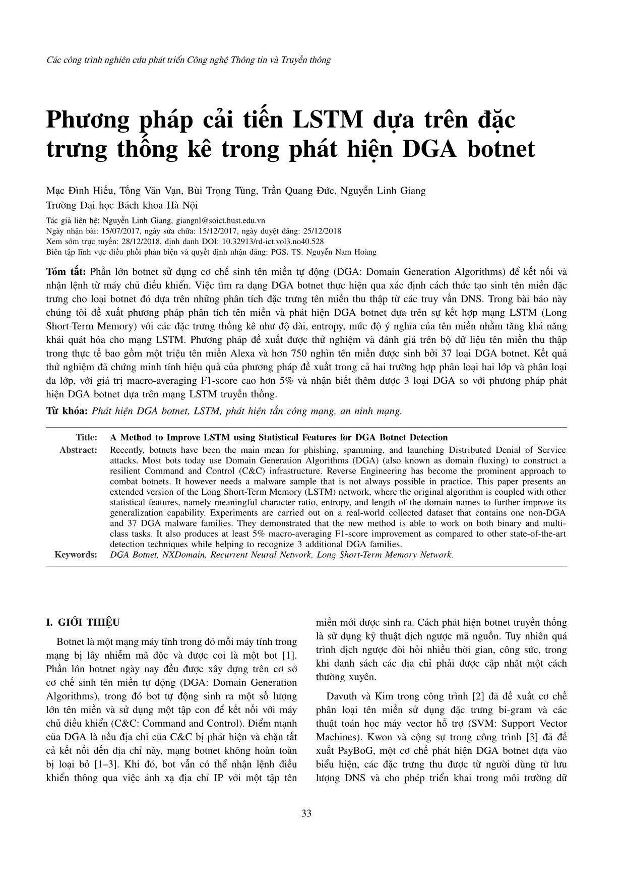 Phương pháp cải tiến LSTM dựa trên đặc trưng thống kê trong phát hiện DGA botnet trang 1