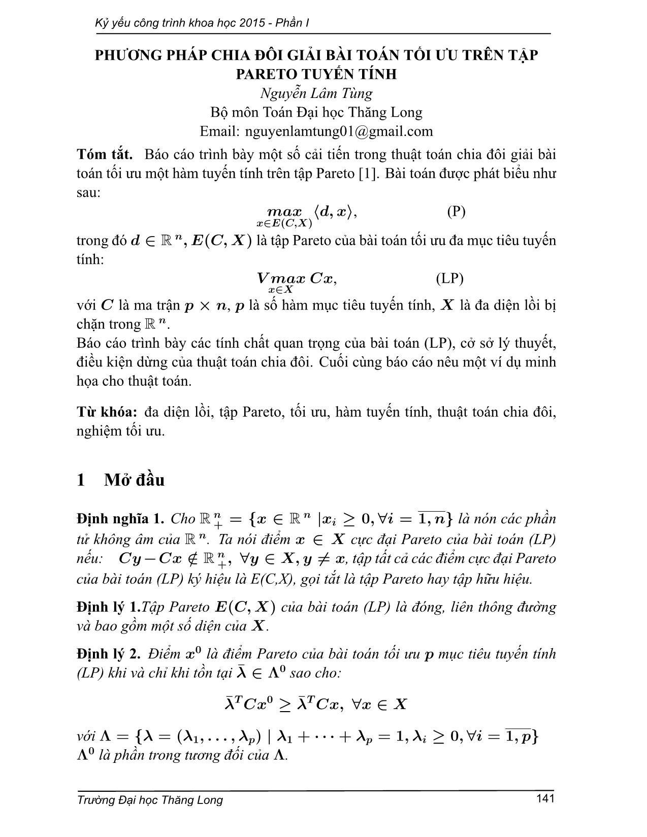 Phương pháp chia đôi giải bài toán tối ưu trên tập Pareto tuyến tính trang 1
