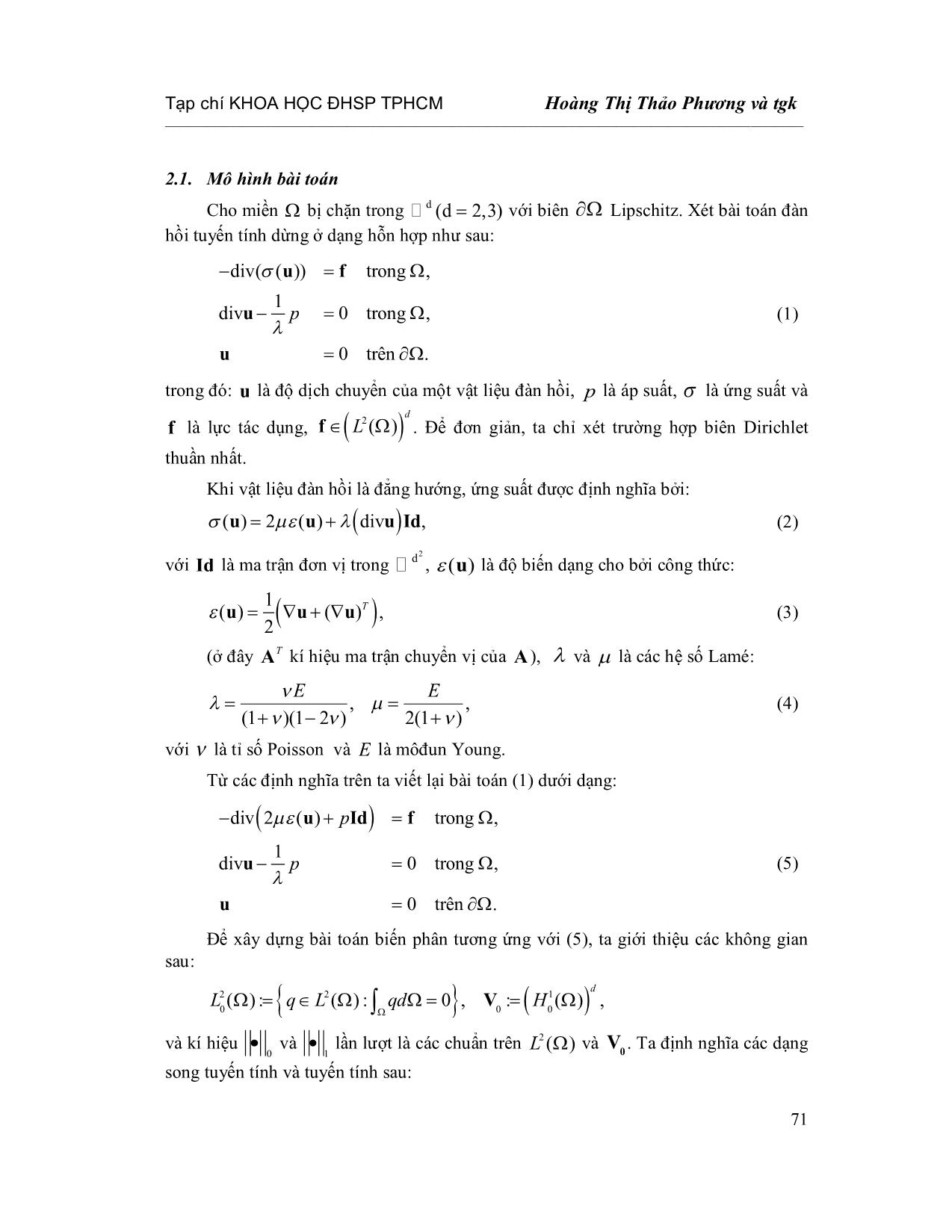 Phương pháp phần tử hữu hạn trung tâm bậc thấp cho bài toán đàn hồi tuyến tính tại trạng thái gần như không nén được trang 3