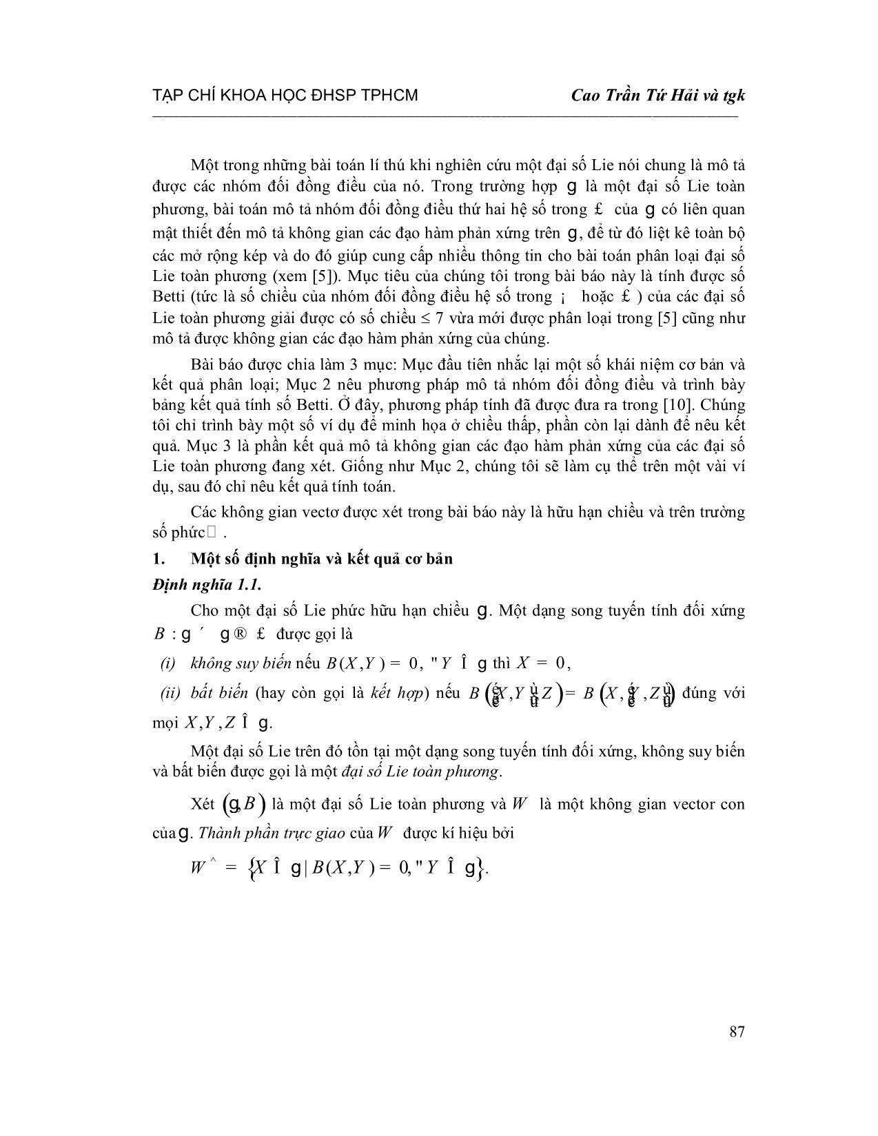 Số Betti và không gian các đạo hàm phản xứng của các đại số Lie toàn phương giải được có số chiều 7 trang 2