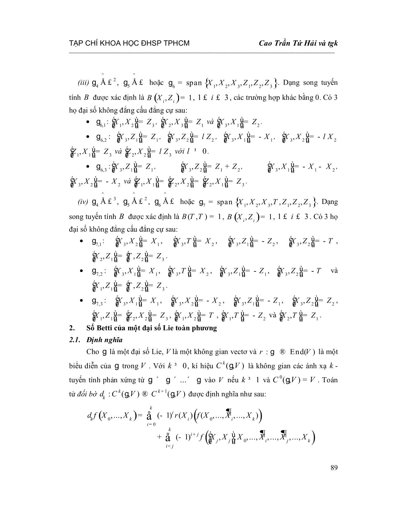 Số Betti và không gian các đạo hàm phản xứng của các đại số Lie toàn phương giải được có số chiều 7 trang 4