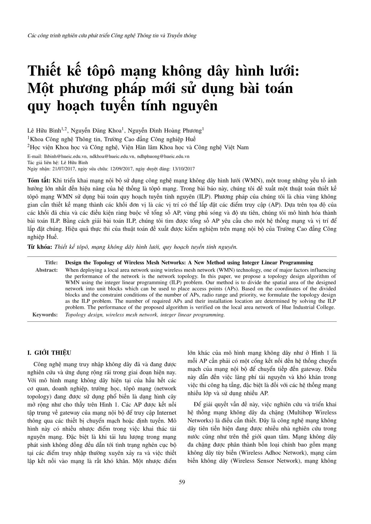 Thiết kế tôpô mạng không dây hình lưới: Một phương pháp mới sử dụng bài toán quy hoạch tuyến tính nguyên trang 1