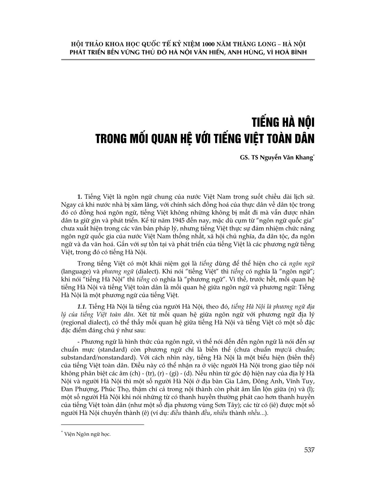 Tiếng Hà Nội trong mối quan hệ với Tiếng Việt toàn dân trang 1