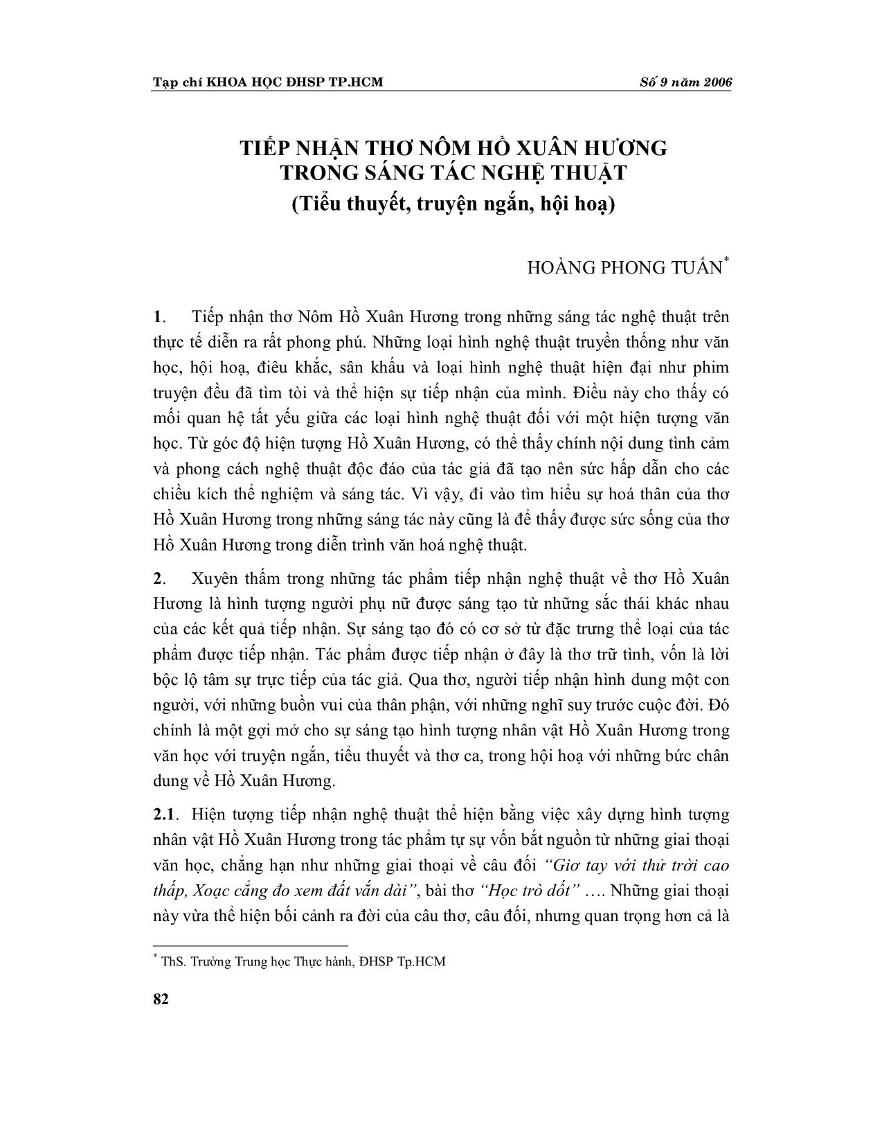 Tiếp nhận thơ Nôm Hồ Xuân Hương trong sáng tác nghệ thuật (Tiểu thuyết, truyện ngắn, hội hoạ) trang 1