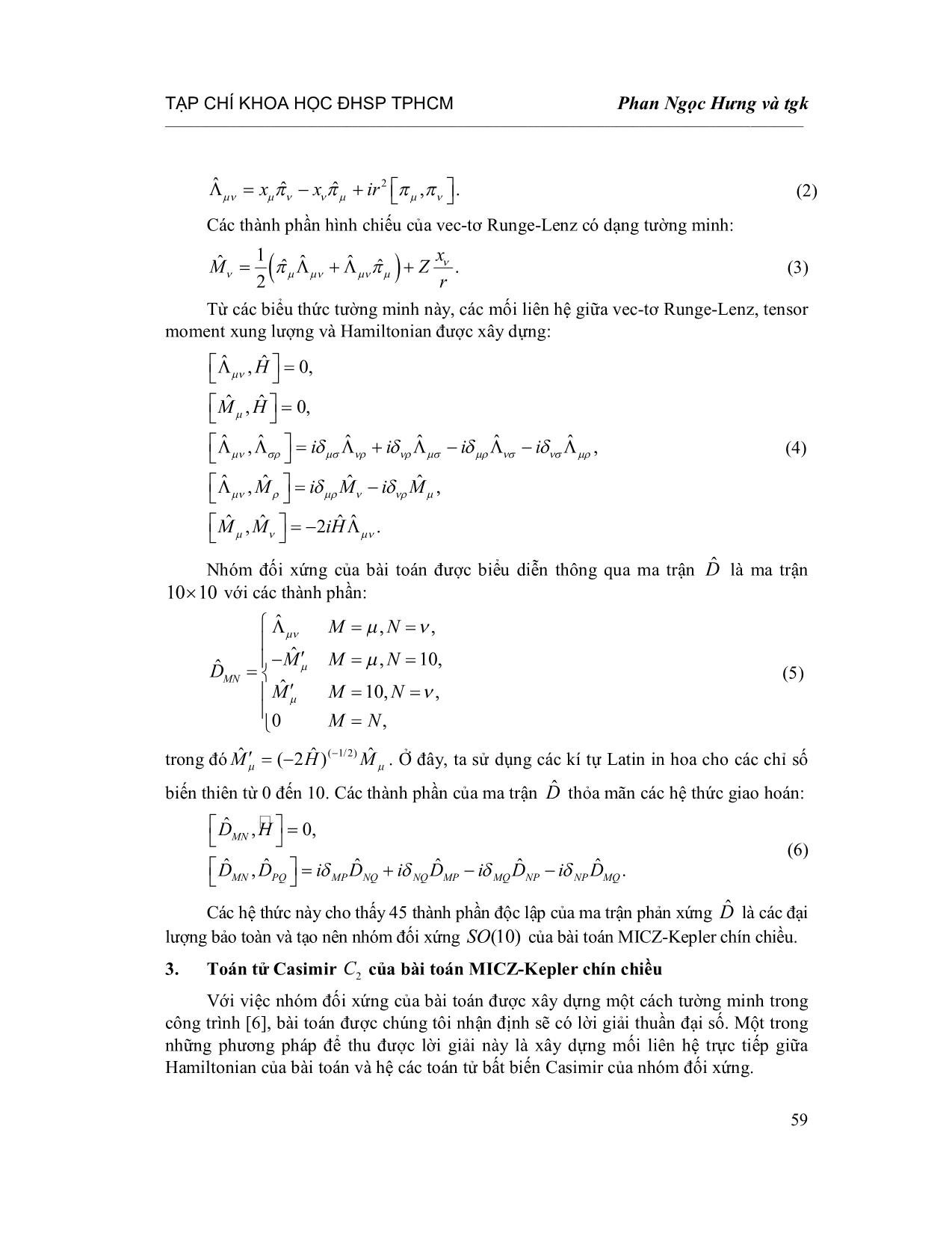 Toán tử Casimir C2 cho nhóm đối xứng SO(10) của bài toán Micz-Kepler chín chiều trang 3