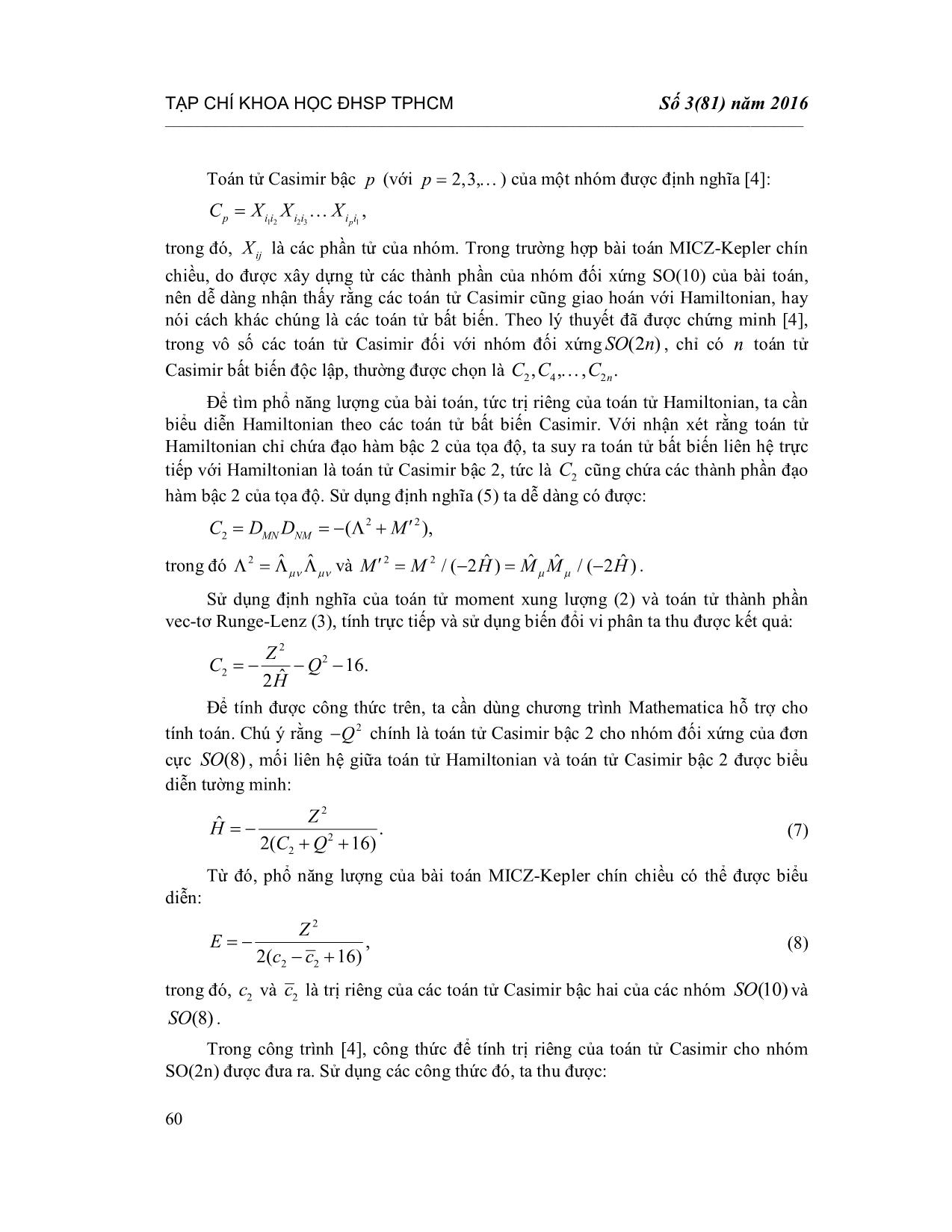 Toán tử Casimir C2 cho nhóm đối xứng SO(10) của bài toán Micz-Kepler chín chiều trang 4