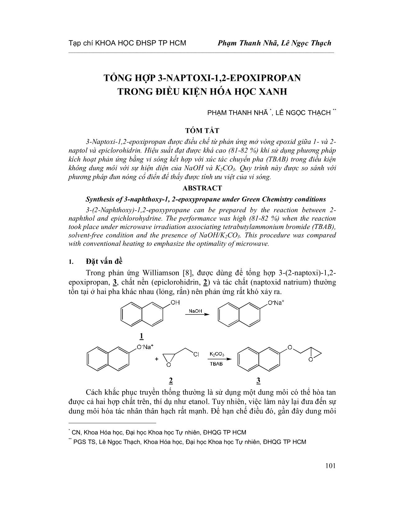 Tổng hợp 3-Naptoxi-1,2-Epoxipropan trong điều kiện hóa học xanh trang 1