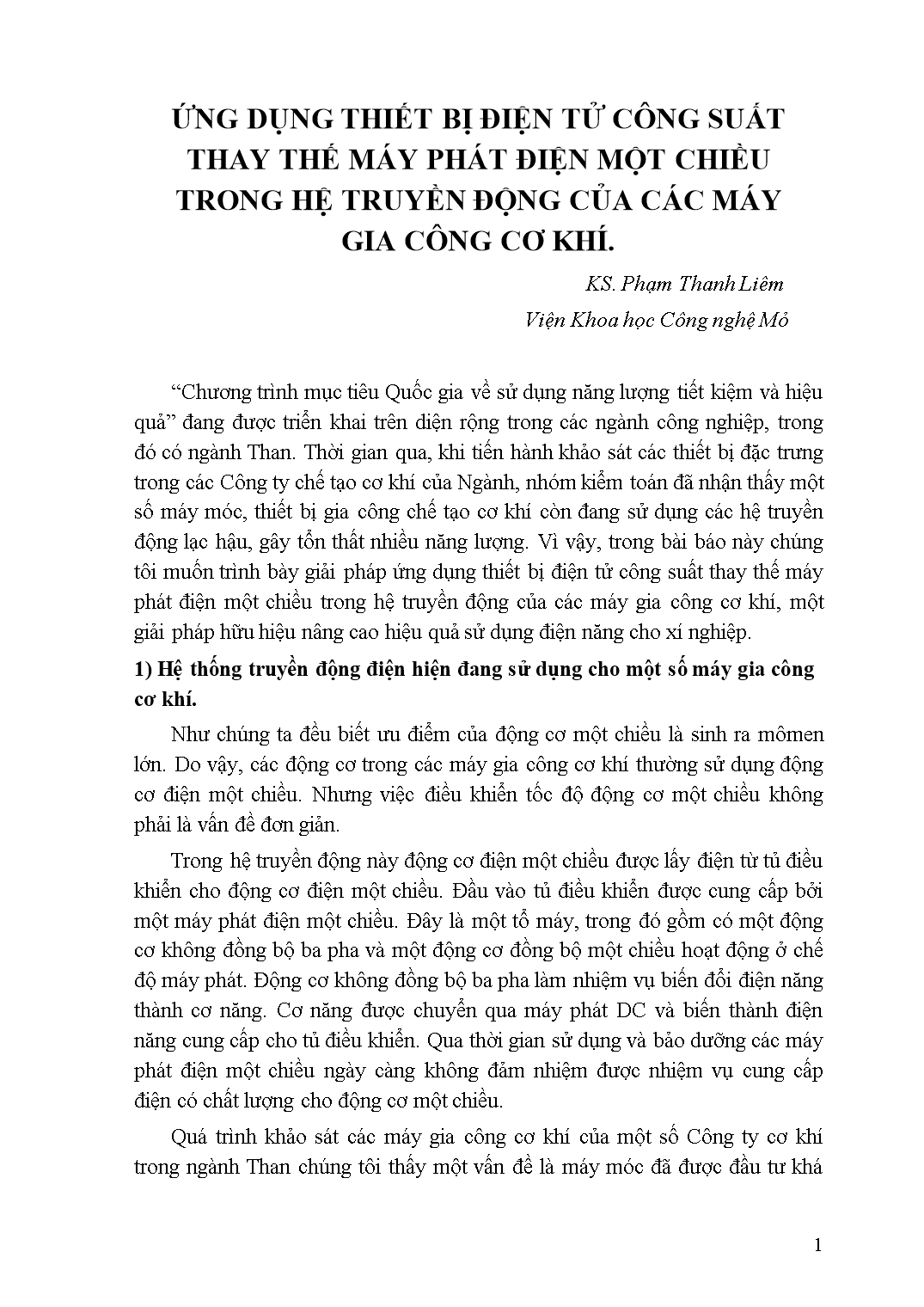 Ứng dụng thiết bị điện tử công suất thay thế máy phát điện một chiều trong hệ truyền động của các máy gia công cơ khí trang 1