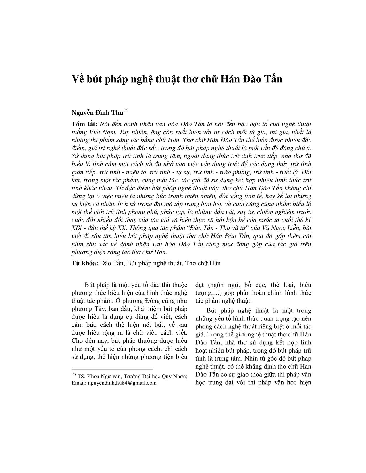 Về bút pháp nghệ thuật thơ chữ Hán Đào Tấn trang 1