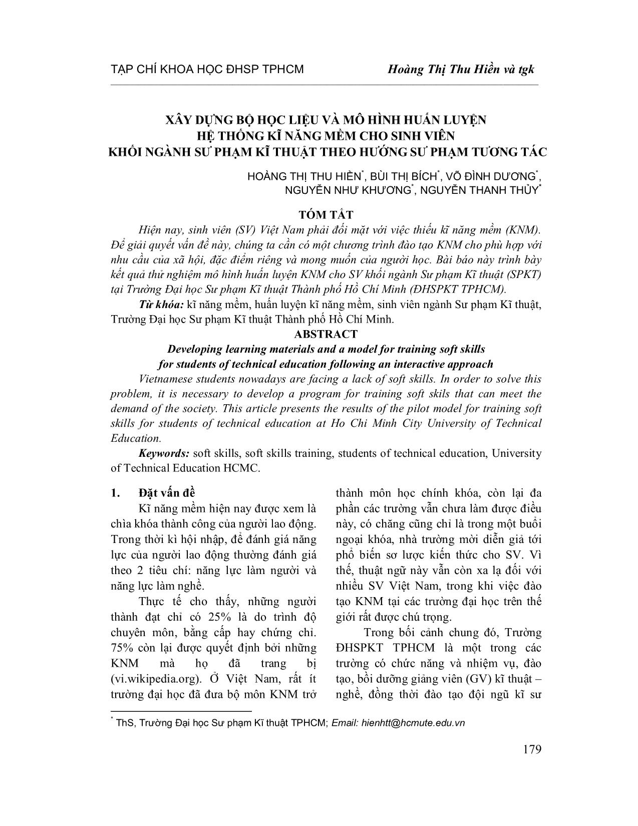 Xây dựng bộ học liệu và mô hình huấn luyện hệ thống kĩ năng mềm cho sinh viên khối ngành sư phạm kĩ thuật theo hướng sư phạm tương tác trang 1