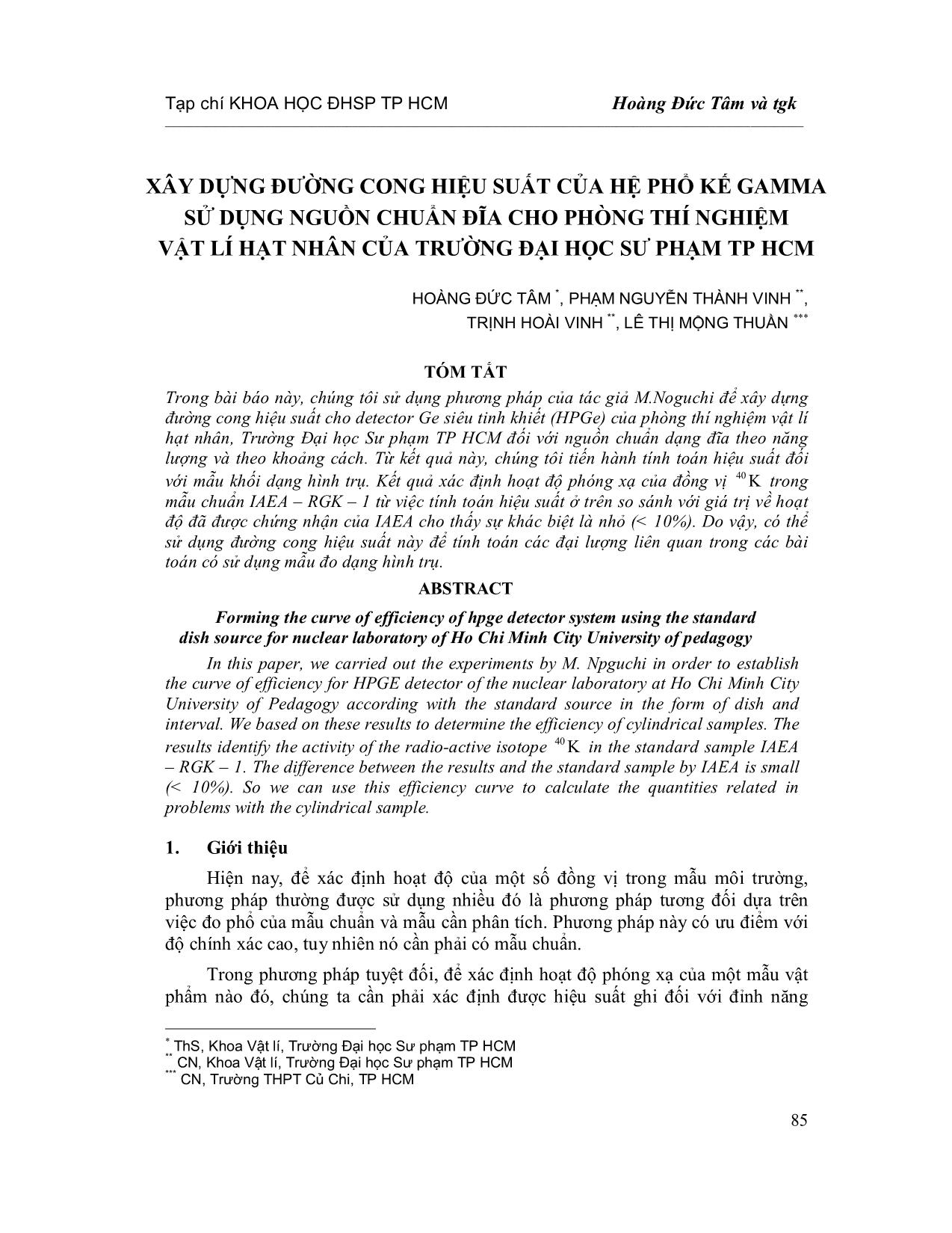 Xây dựng đường cong hiệu suất của hệ phổ kế Gamma sử dụng nguồn chuẩn đĩa cho phòng thí nghiệm vật lí hạt nhân của trường đại học sư phạm thành phố Hồ Chí Minh trang 1