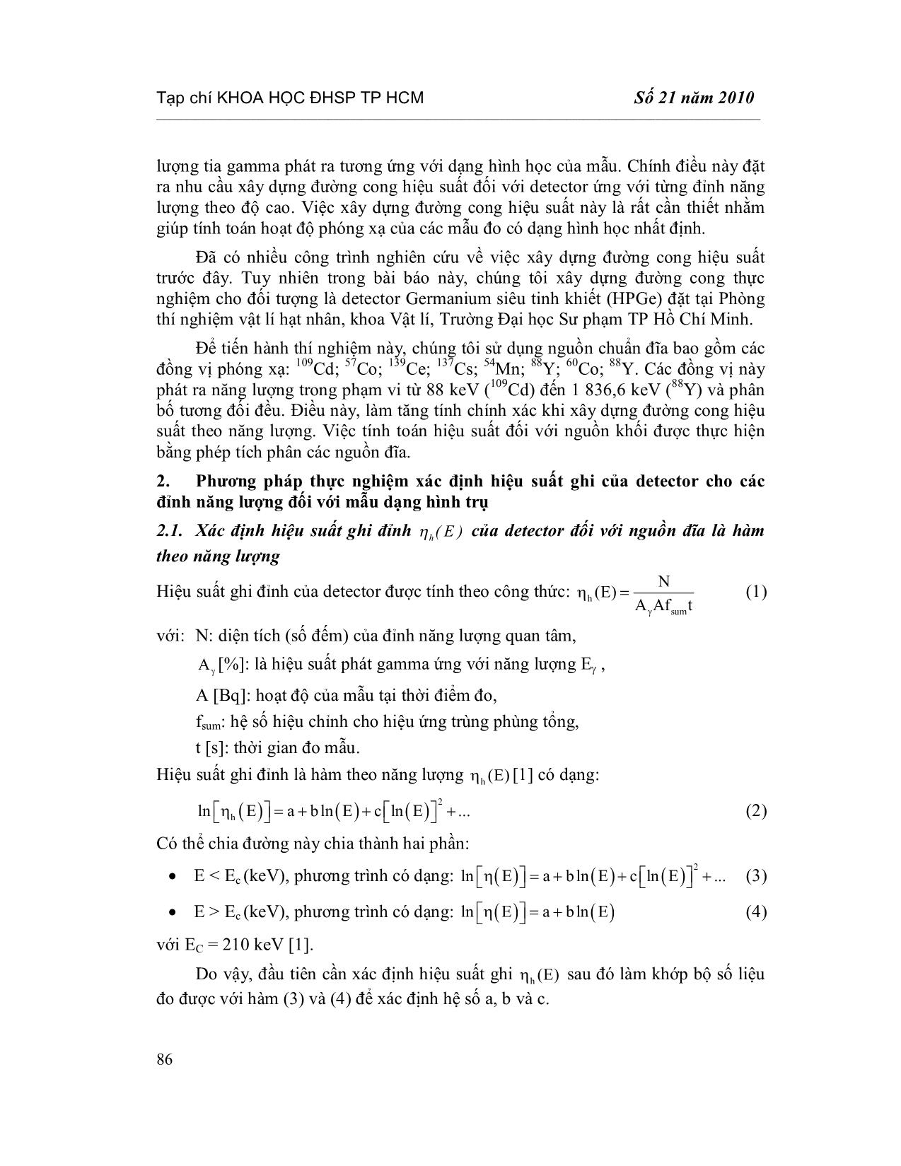 Xây dựng đường cong hiệu suất của hệ phổ kế Gamma sử dụng nguồn chuẩn đĩa cho phòng thí nghiệm vật lí hạt nhân của trường đại học sư phạm thành phố Hồ Chí Minh trang 2