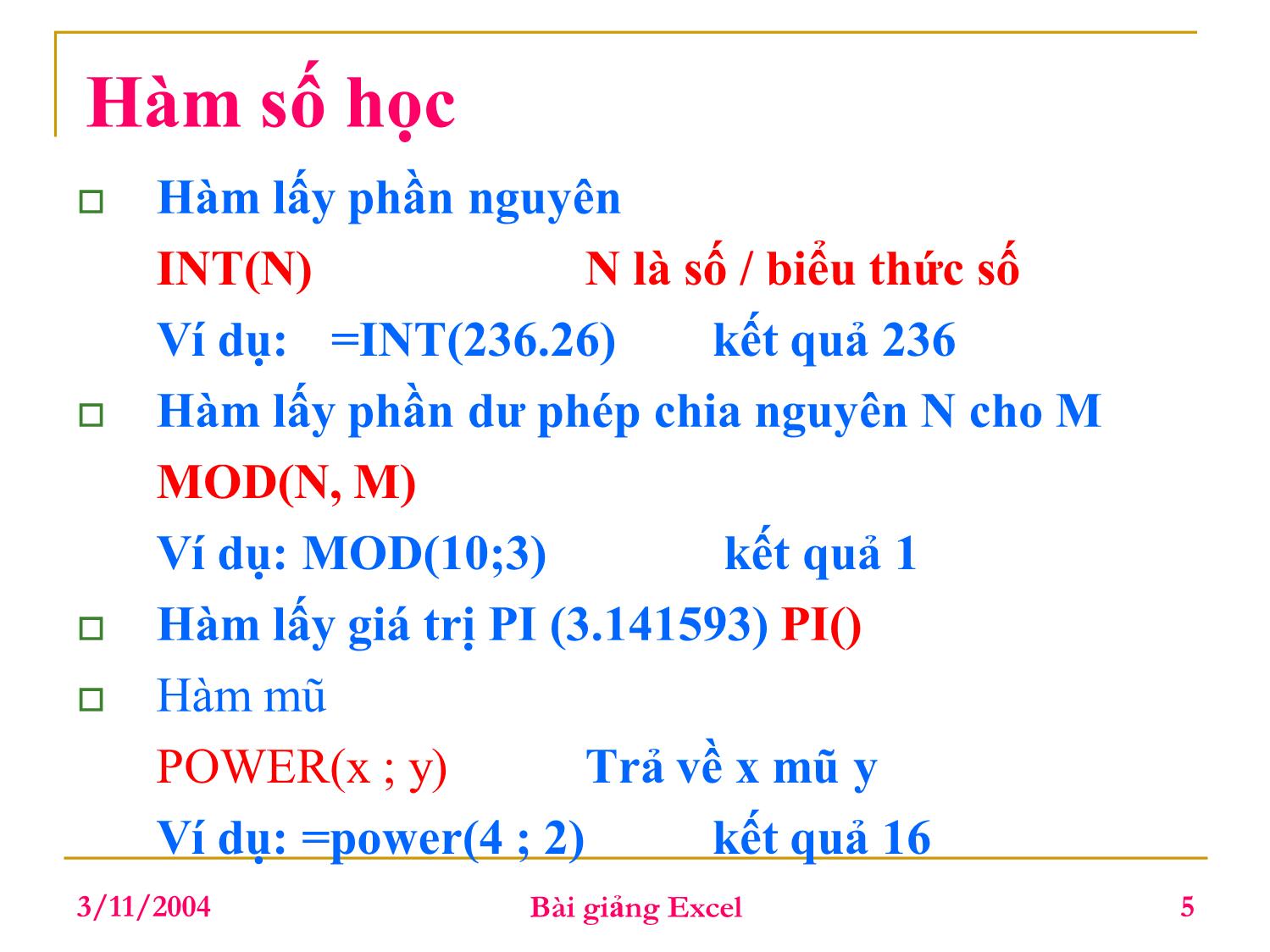 Bài giảng Công thức trong Excel - Chương 2: Hàm và biểu thức trong Excel trang 5