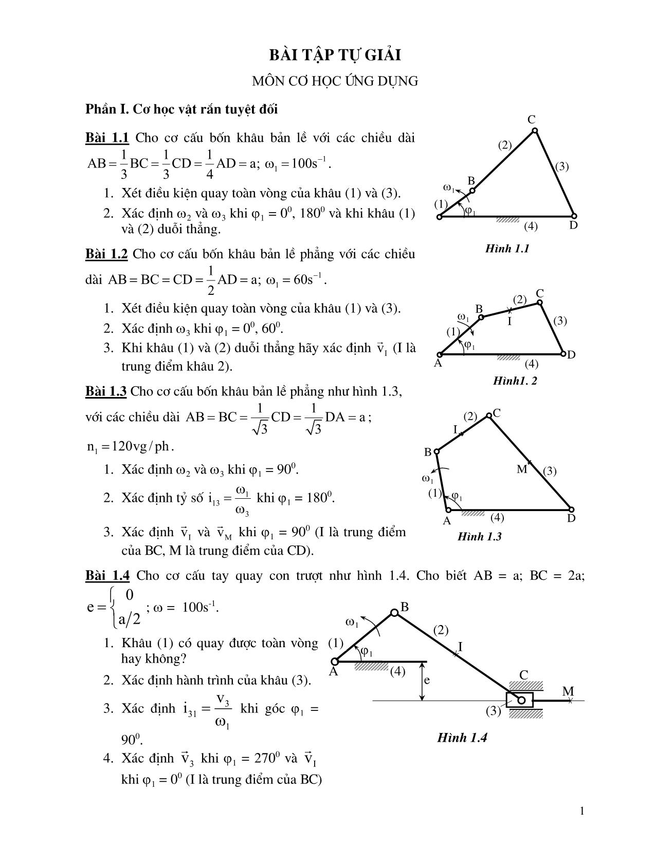 Bài tập tự giải môn Cơ học ứng dụng trang 1