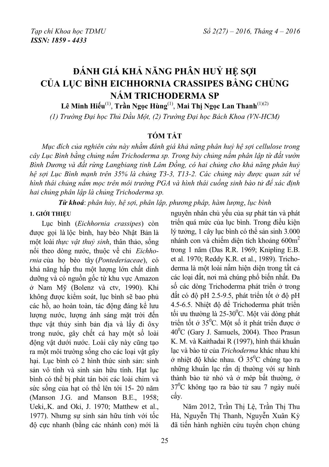 Đánh giá khả năng phân huỷ hệ sợi của lục bình eichhornia crassipes bằng chủng nấm trichoderma SP trang 1
