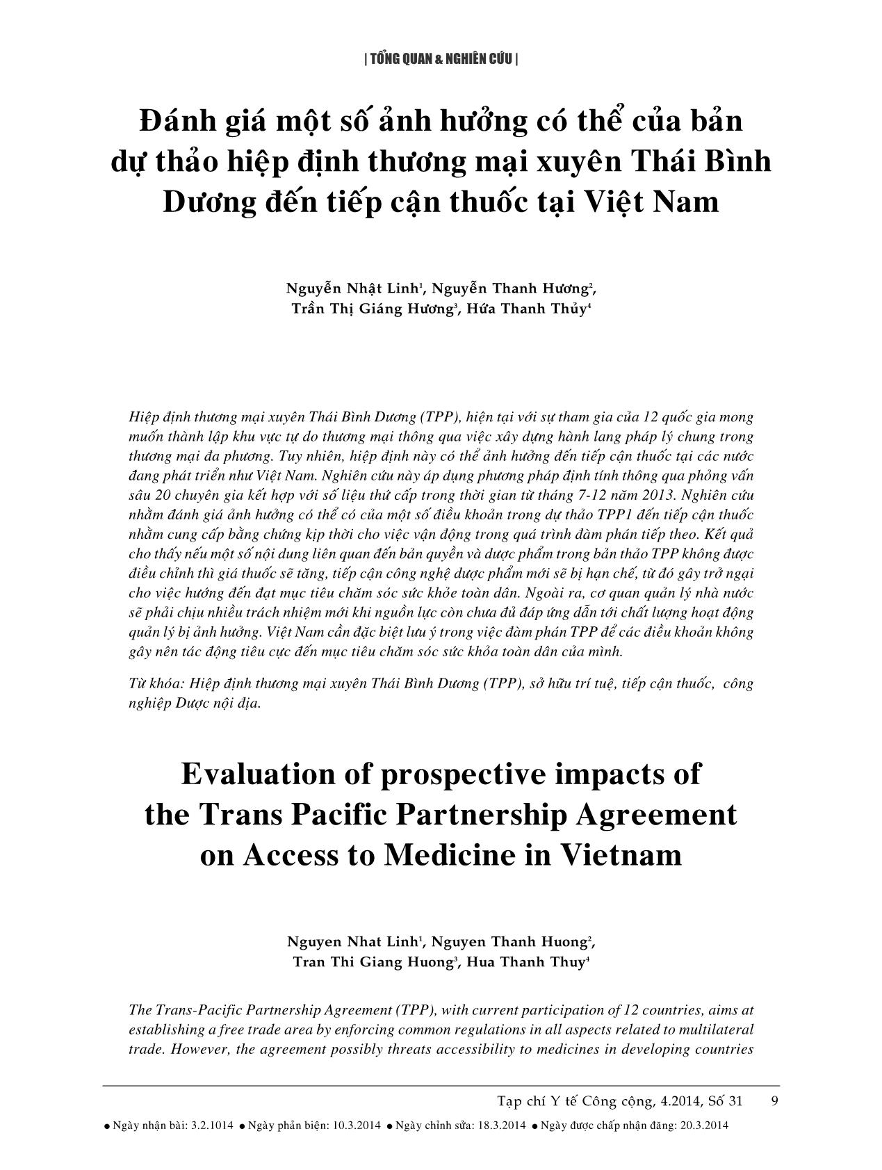 Đánh giá một số ảnh hưởng có thể của bản dự thảo hiệp định thương mại xuyên Thái Bình Dương đến tiếp cận thuốc tại Việt Nam trang 1