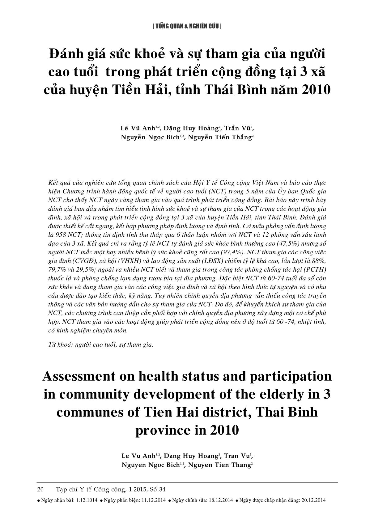 Đánh giá sức khoẻ và sự tham gia của người cao tuổi trong phát triển cộng đồng tại 3 xã của huyện Tiền Hải, tỉnh Thái Bình năm 2010 trang 1