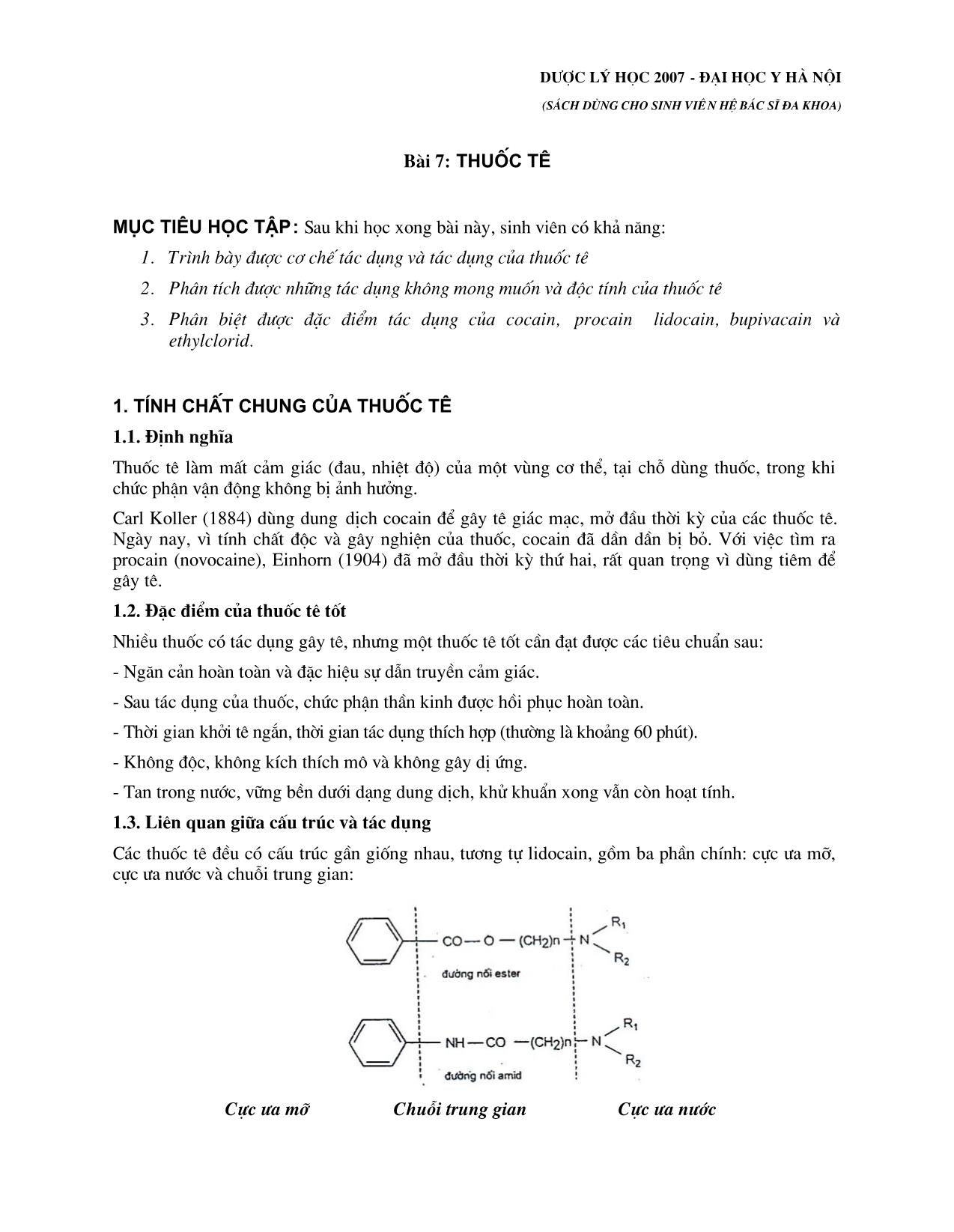 Giáo trình Đại cương về dược học - Bài 7: Thuốc tê trang 1