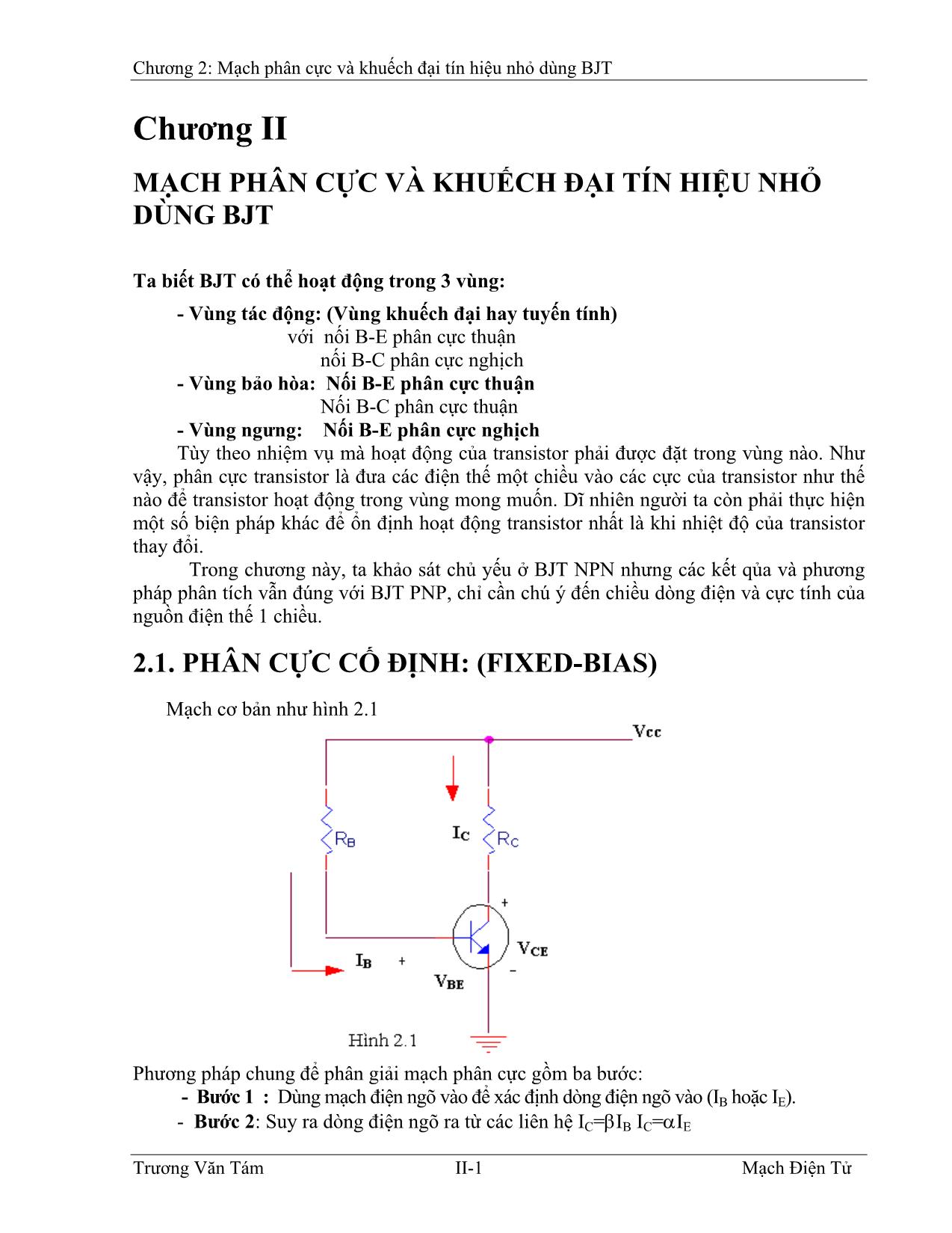 Giáo trình Kỹ thuật điện - Chương 2: Mạch phân cực và khuếch đại tín hiệu nhỏ dùng BJT trang 1