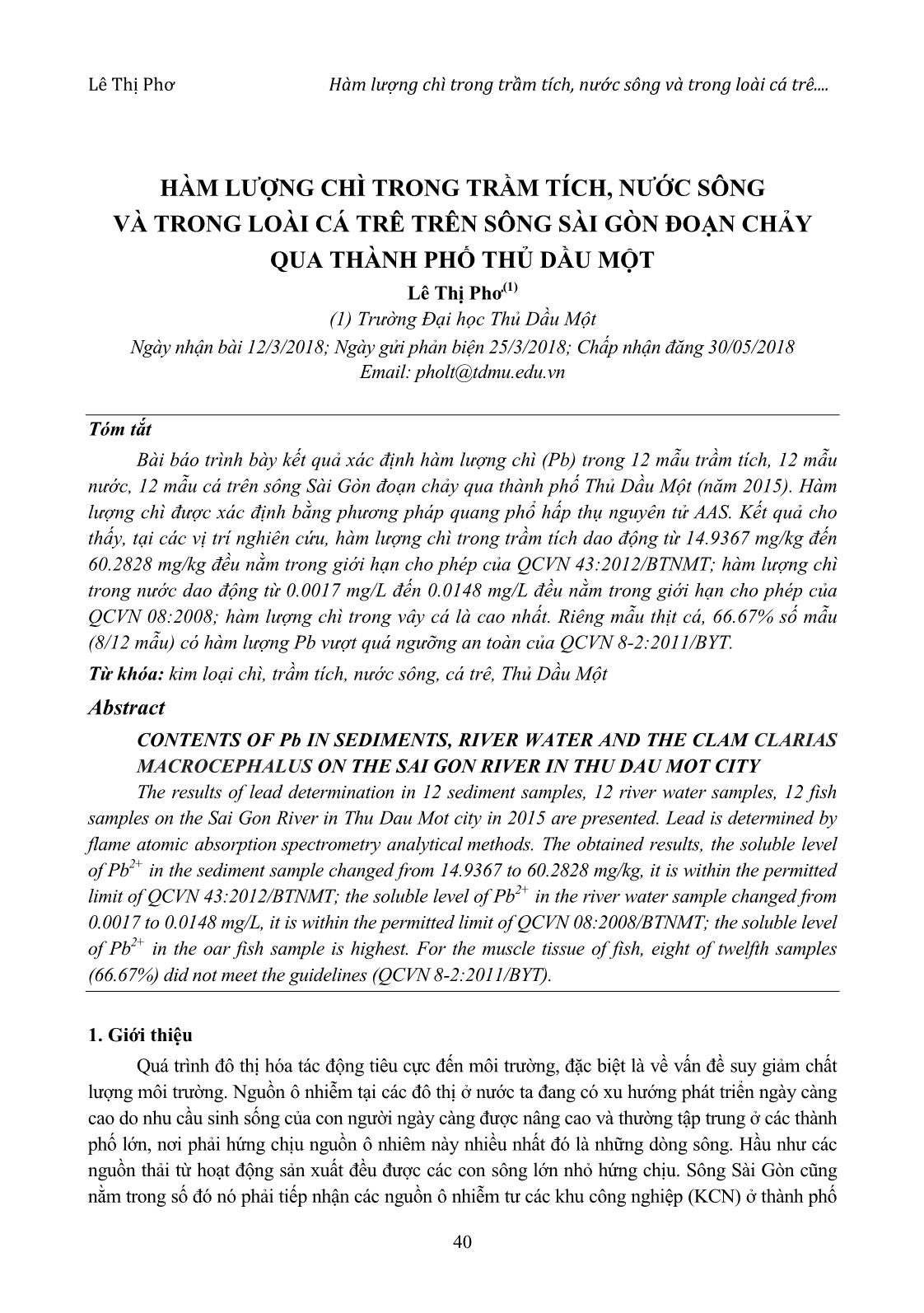 Hàm lượng chì trong trầm tích, nước sông và trong loài cá trê trên sông Sài Gòn đoạn chảy qua thành phố Thủ Dầu Một trang 1