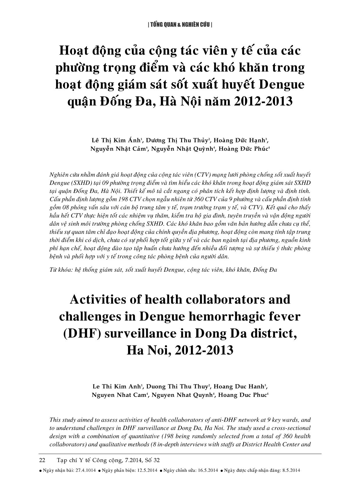 Hoạt động của cộng tác viên y tế của các phường trọng điểm và các khó khăn trong hoạt động giám sát sốt xuất huyết Dengue quận Đống Đa, Hà Nội năm 2012-2013 trang 1