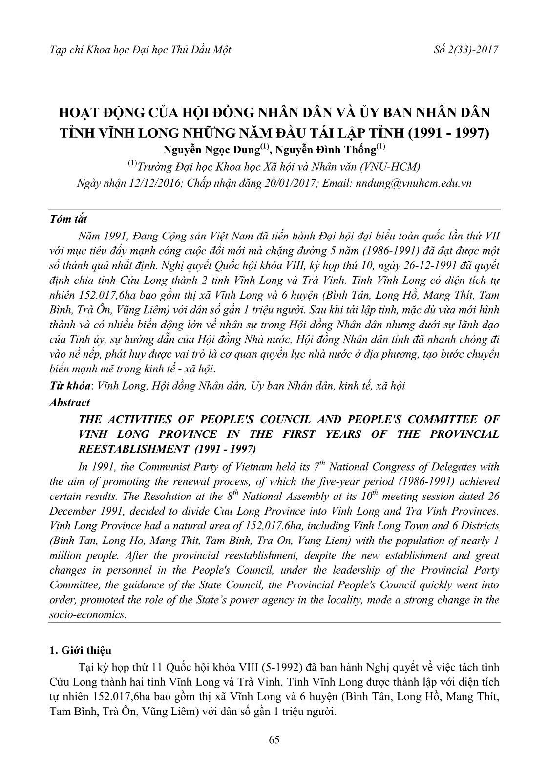 Hoạt động của hội đồng nhân dân và ủy ban nhân dân tỉnh Vĩnh Long những năm đầu tái lập tỉnh (1991 - 1997) trang 1