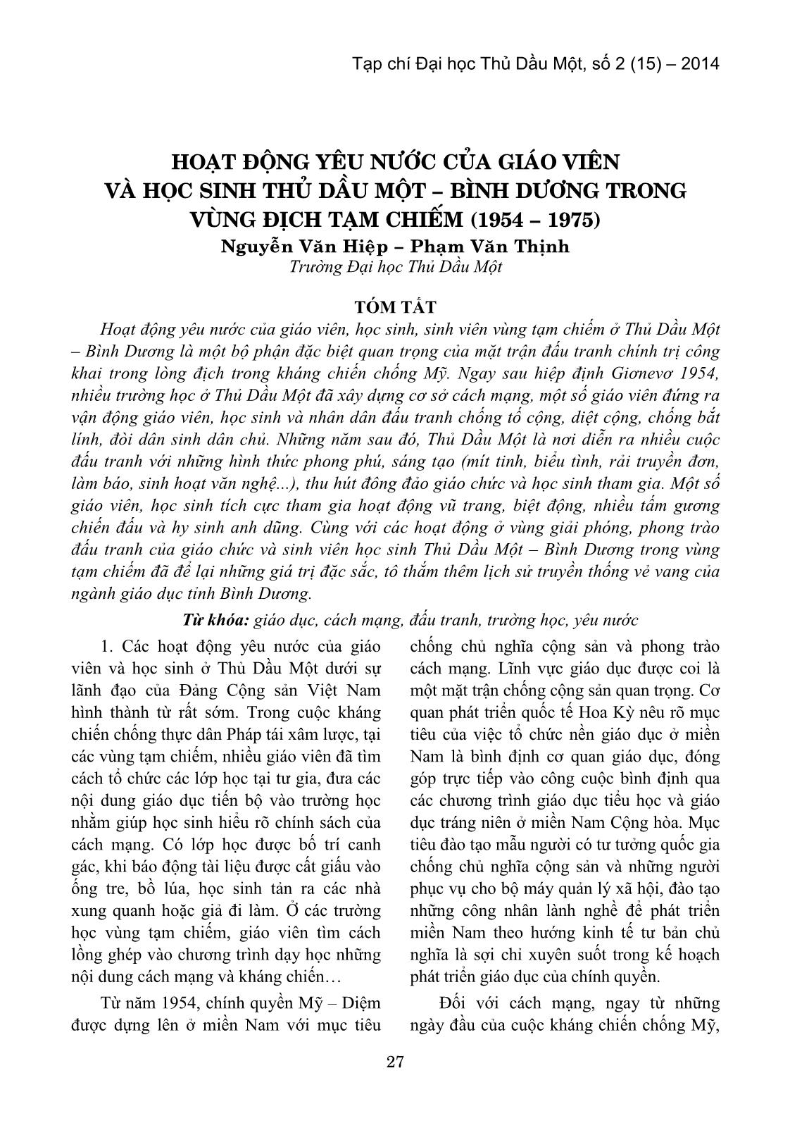 Hoạt động yêu nước của giáo viên và học sinh Thủ Dầu Một – Bình Dương trong vùng địch tạm chiếm (1954 – 1975) trang 1