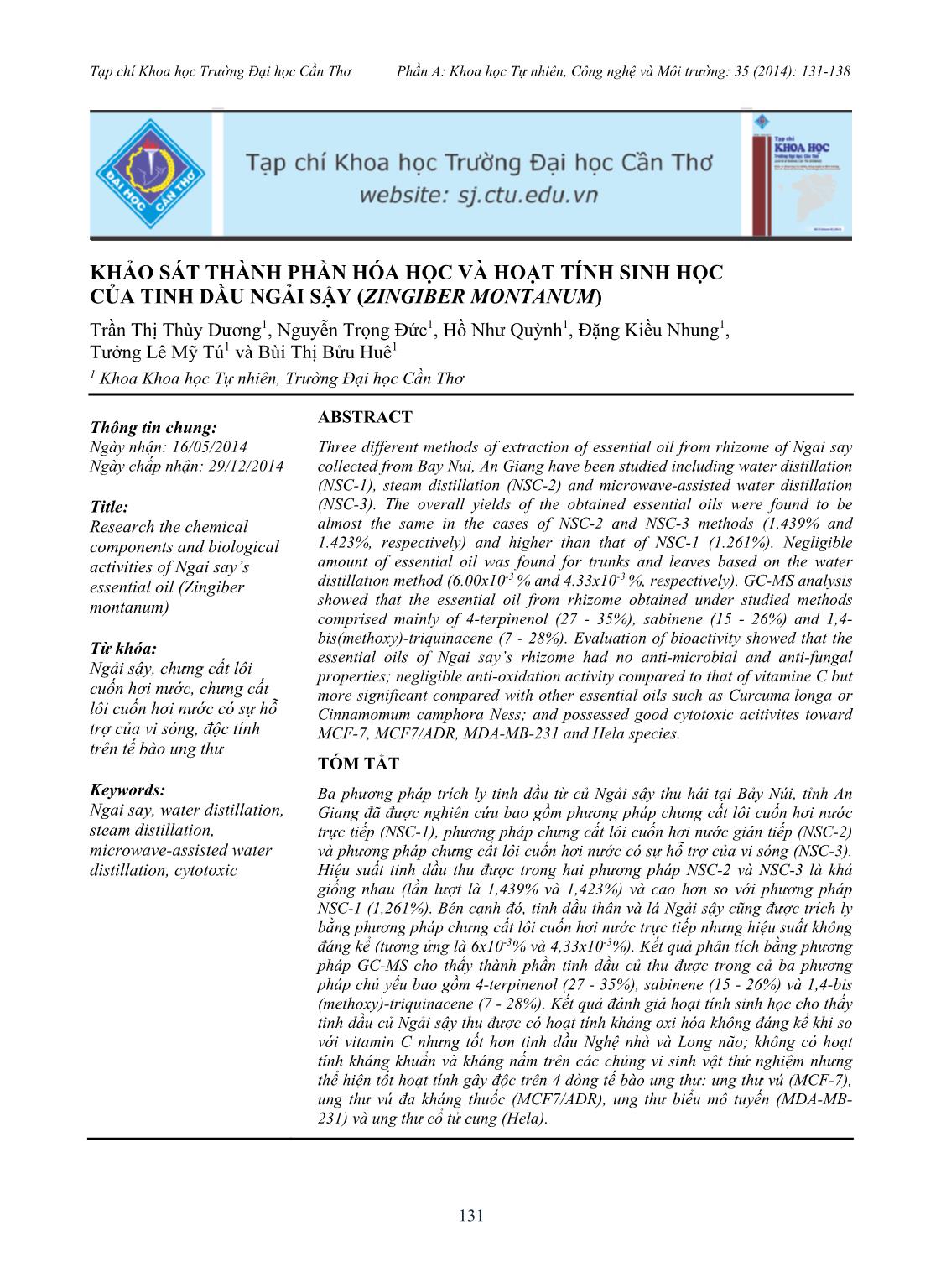 Khảo sát thành phần hóa học và hoạt tính sinh học của tinh dầu ngải sậy (Zingiber Montanum) trang 1