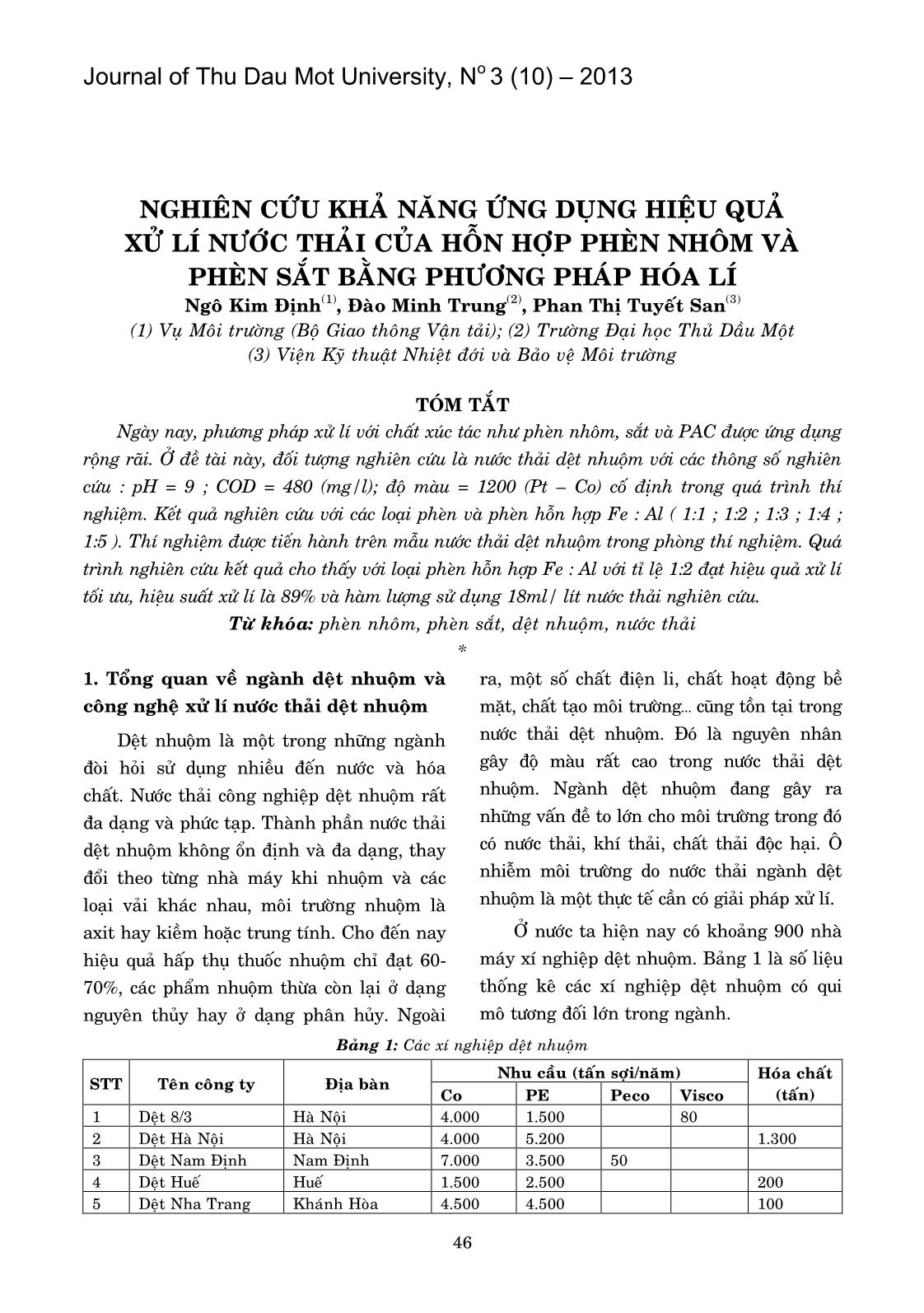 Nghiên cứu khả năng ứng dụng hiệu quả xử lí nước thải của hỗn hợp phèn nhôm và phèn sắt bằng phương pháp hóa lí trang 1