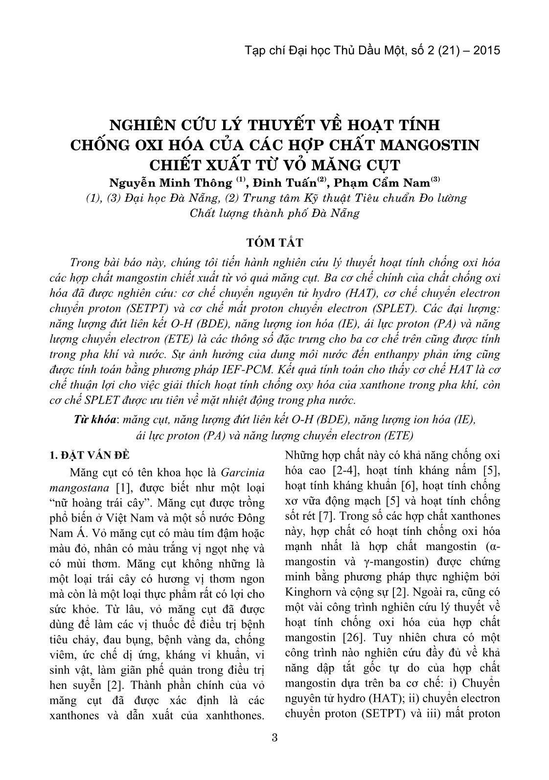 Nghiên cứu lý thuyết về hoạt tính chống oxi hóa của các hợp chất mangostin chiết xuất từ vỏ măng cụt trang 1