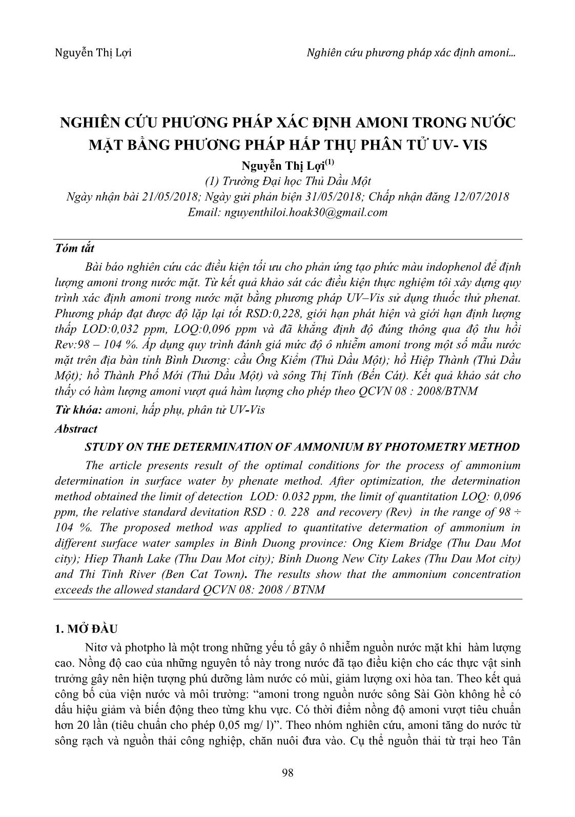 Nghiên cứu phương pháp xác định Amoni trong nước mặt bằng phương pháp hấp thụ phân tử UV- VIS trang 1