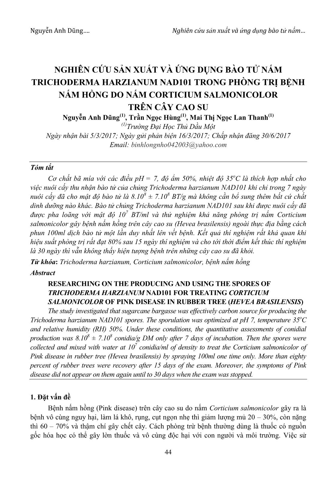 Nghiên cứu sản xuất và ứng dụng bào tử nấm Trichoderma Harzianum Nad101 trong phòng trị bệnh nấm hồng do nấm Corticium Salmonicolor trên cây cao su trang 1