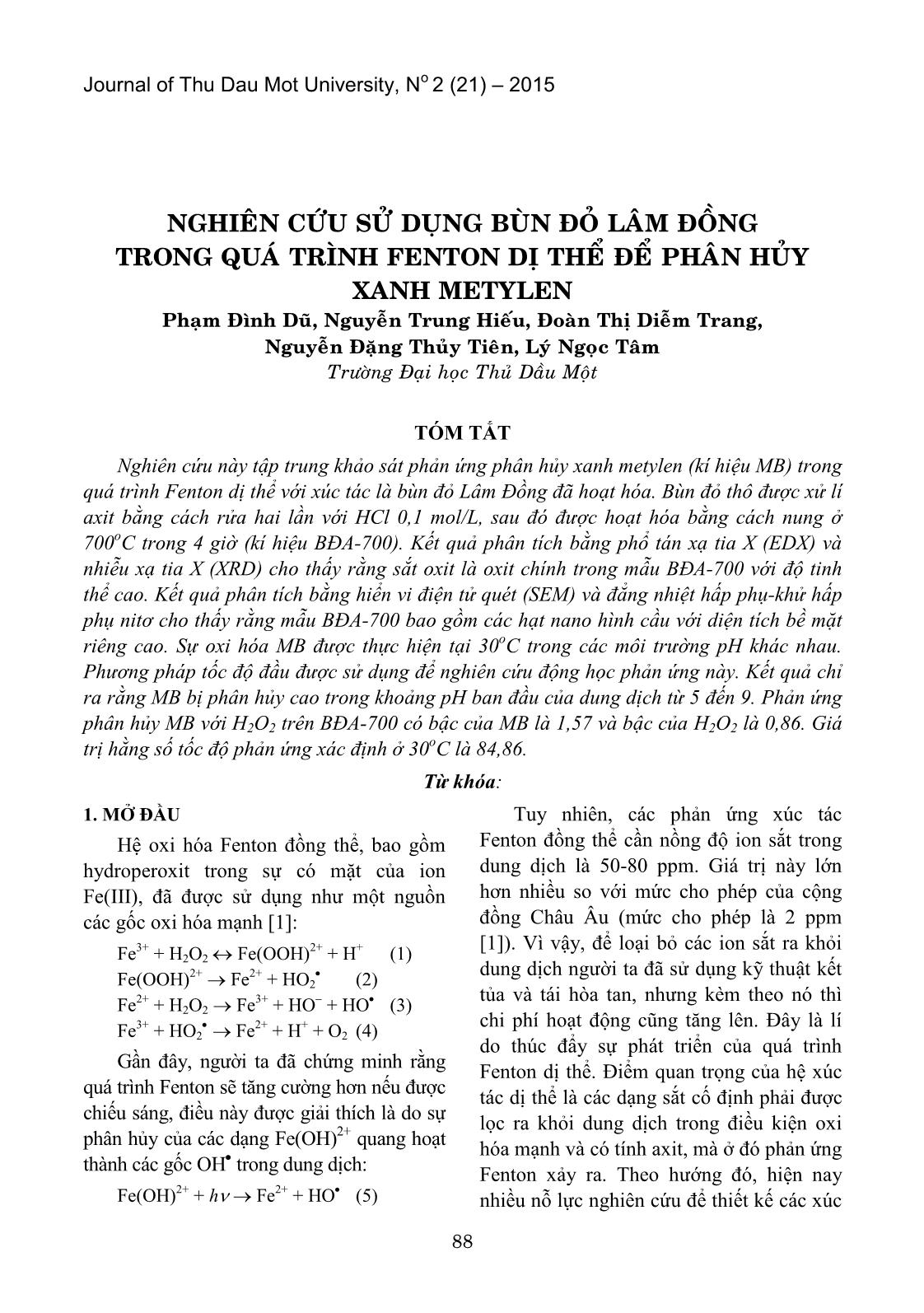 Nghiên cứu sử dụng bùn đỏ lâm đồng trong quá trình fenton dị thể để phân hủy xanh metylen trang 1