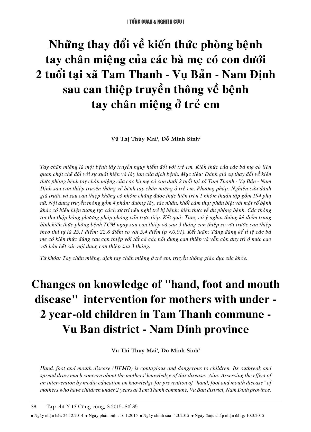 Những thay đổi về kiến thức phòng bệnh tay chân miệng của các bà mẹ có con dưới 2 tuổi tại xã Tam Thanh - Vụ Bản - Nam Định sau can thiệp truyền thông về bệnh tay chân miệng ở trẻ em trang 1