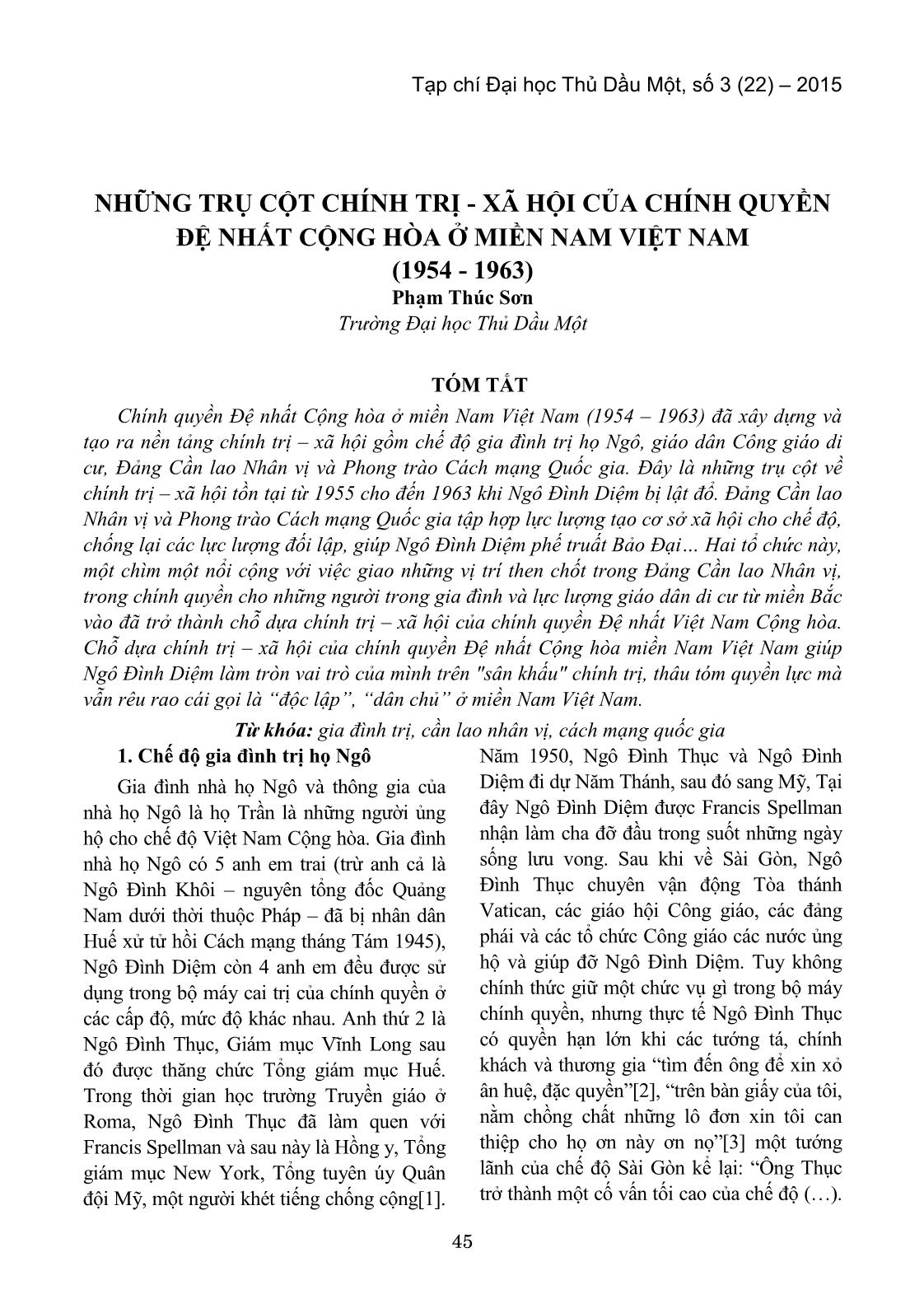 Những trụ cột chính trị - xã hội của chính quyền đệ nhất cộng hòa ở miền Nam Việt Nam (1954 - 1963) trang 1