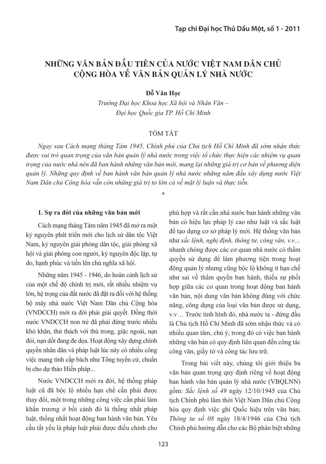 Những văn bản đầu tiên của nước Việt Nam dân chủ cộng hòa về văn bản quản lý nhà nước trang 1
