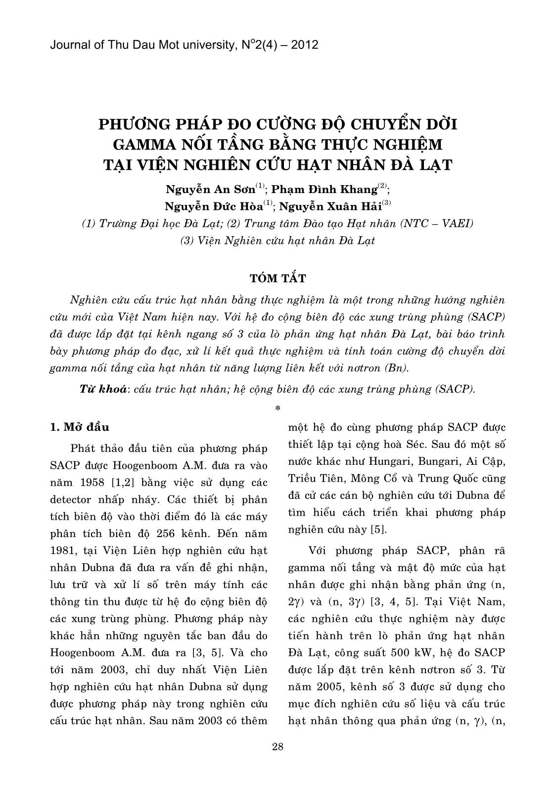 Phương pháp đo cường độ chuyển dời Gamma nối tầng bằng thực nghiệm tại viện nghiên cứu hạt nhân Đà Lạt trang 1