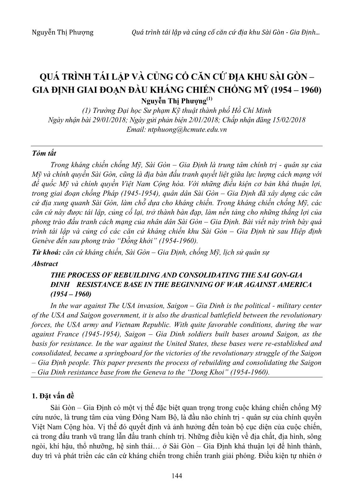 Quá trình tái lập và củng cố căn cứ địa khu Sài Gòn – Gia Định giai đoạn đầu kháng chiến chống Mỹ (1954 – 1960) trang 1
