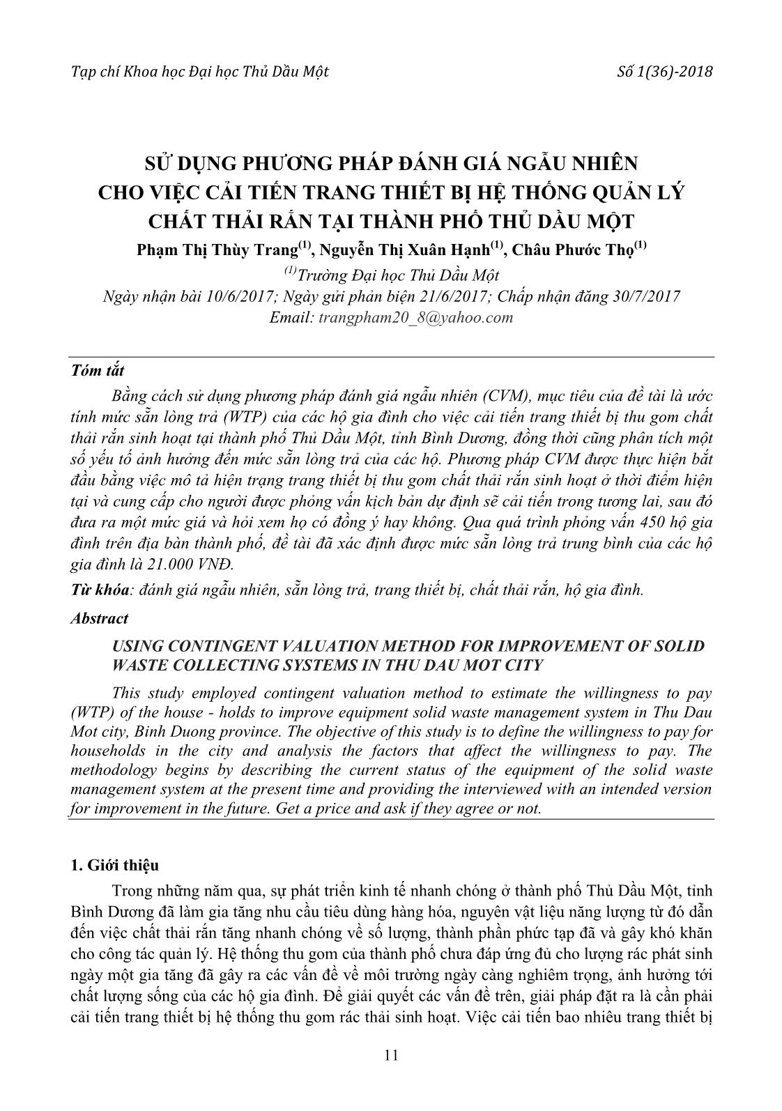 Sử dụng phương pháp đánh giá ngẫu nhiên cho việc cải tiến trang thiết bị hệ thống quản lý chất thải rắn tại thành phố Thủ Dầu Một trang 1