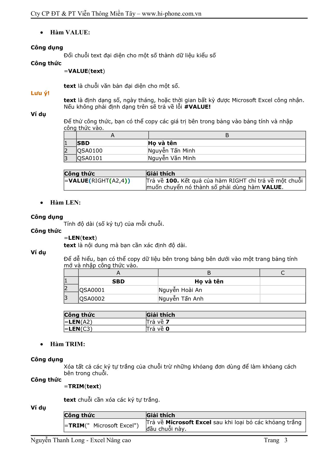 Tài liệu bài giảng Excel nâng cao trang 3