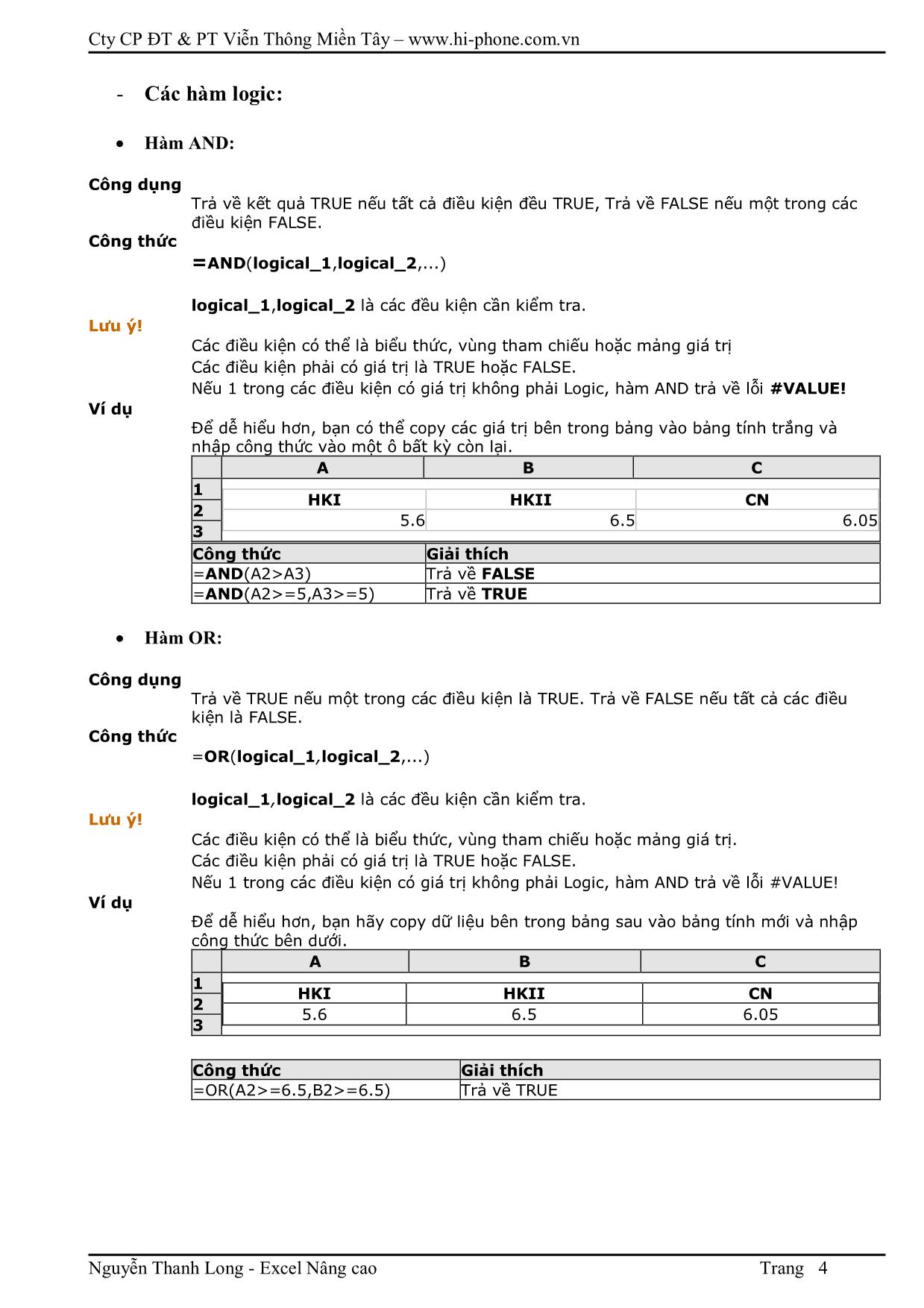 Tài liệu bài giảng Excel nâng cao trang 4