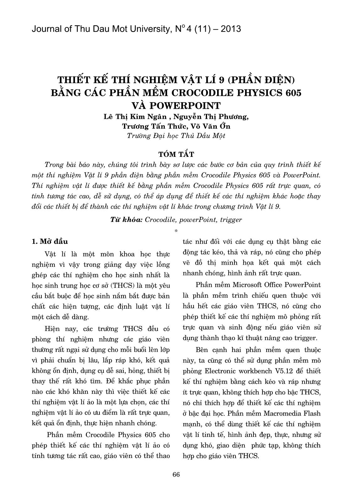 Thiết kế thí nghiệm Vật lí 9 (Phần điện) bằng các phần mềm Crocodile Physics 605 và Powerpoint trang 1
