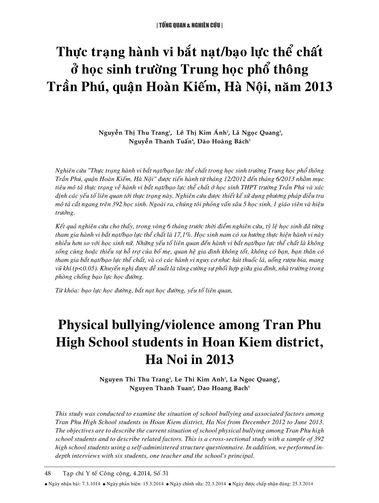 Thực trạng hành vi bắt nạt/bạo lực thể chất ở học sinh trường Trung học phổ thông Trần Phú, quận Hoàn Kiếm, Hà Nội, năm 2013 trang 1