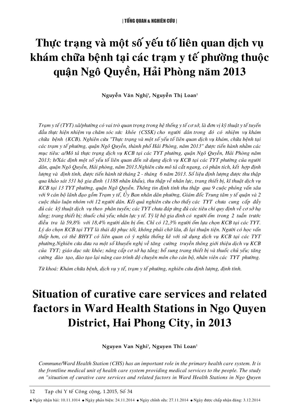 Thực trạng và một số yếu tố liên quan dịch vụ khám chữa bệnh tại các trạm y tế phường thuộc quận Ngô Quyền, Hải Phòng năm 2013 trang 1